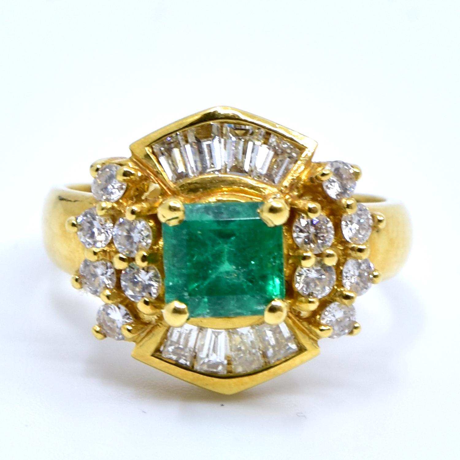 Style: Fashion Ring

Metal Type: 18k Yellow Gold

Stones: Round Brilliant Cut Diamonds (Approx. .60 Ctw)

Baguette Cut diamonds (Approx. 1 Ct)

Center Emerald (Approx. 1 Ct)

Ring Size: 6

Total Item Weight (grams): 6 grams

​Includes: Brilliance