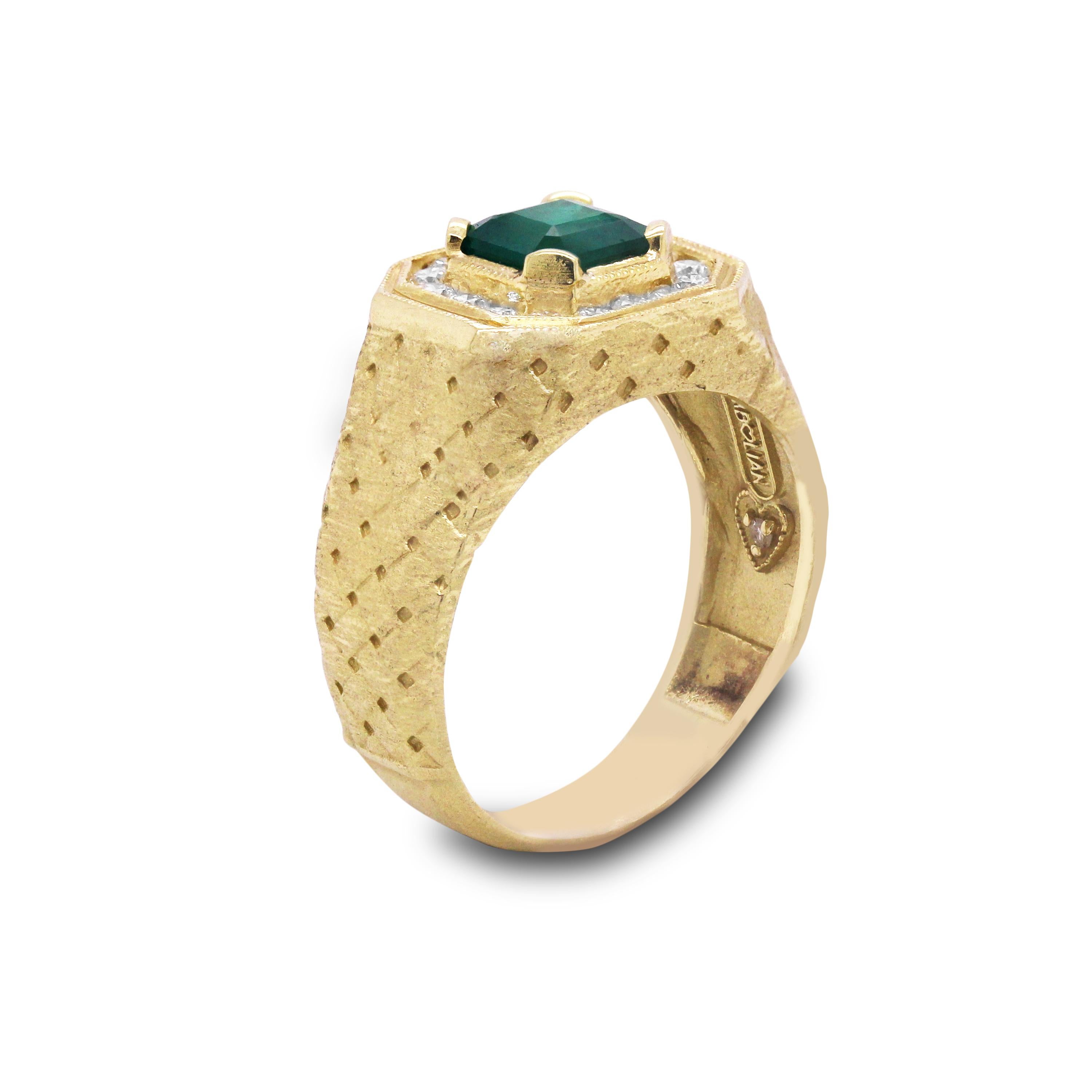 18K Yellow Gold Mens Ring with Diamonds and Emerald center by Stambolian

This mens ring from Stambolian features textured, brushed gold finish on both sides and the center is Emerald surrounded by diamonds

0.56 carat G color, VS clarity
