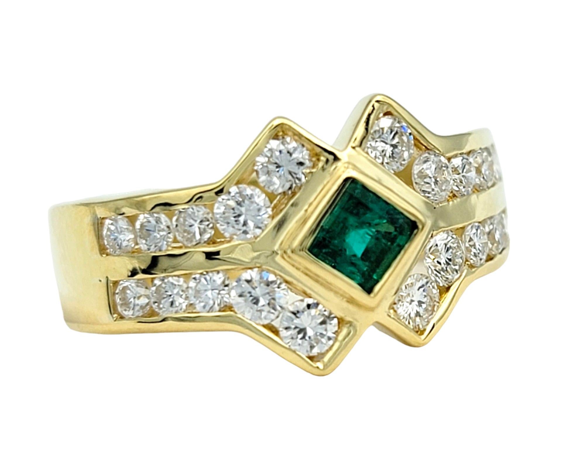 Contemporary Princess Cut Emerald and Round Diamond Multi Row Band Ring in 18 Karat Gold For Sale