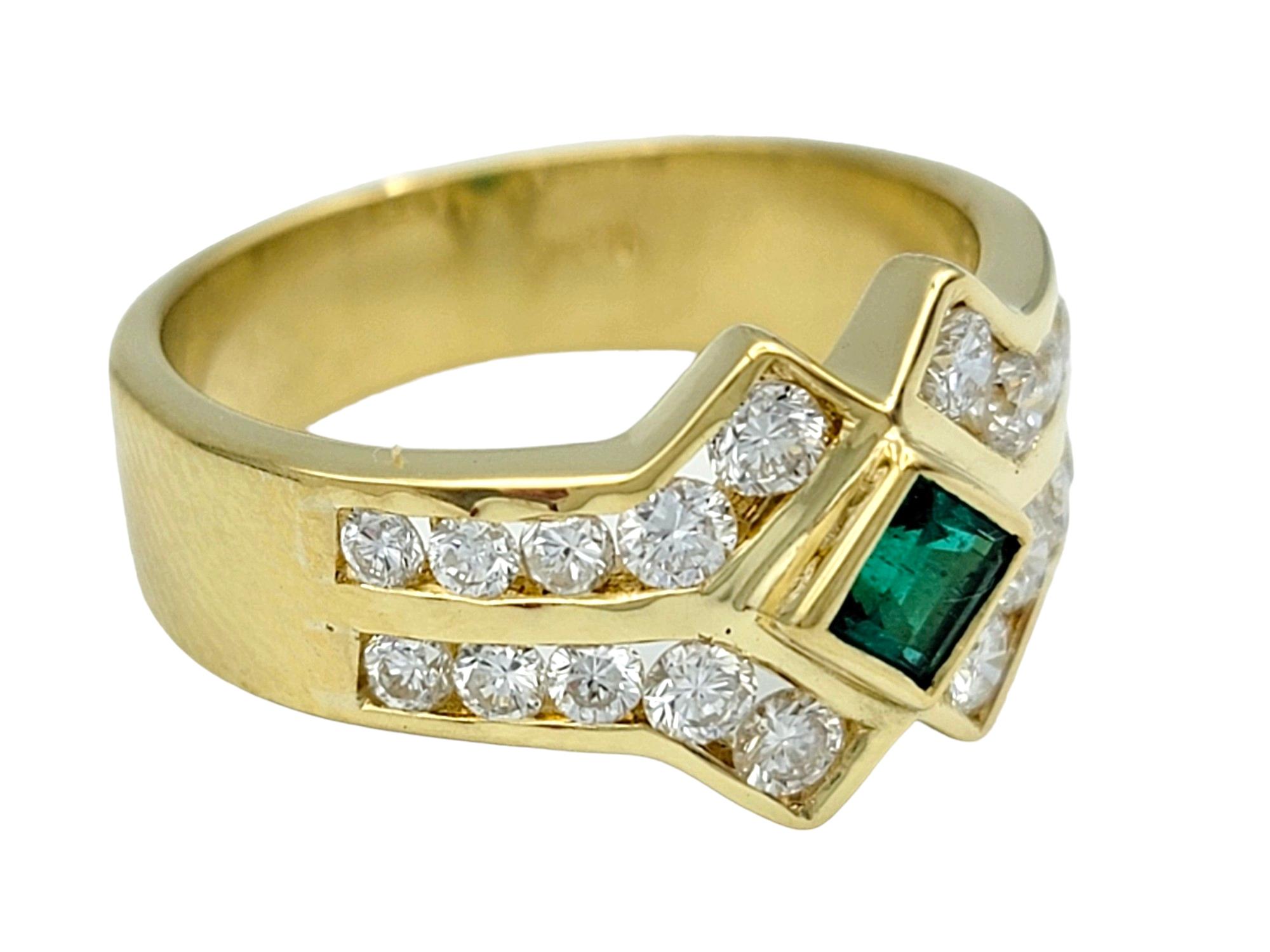 Square Cut Princess Cut Emerald and Round Diamond Multi Row Band Ring in 18 Karat Gold For Sale