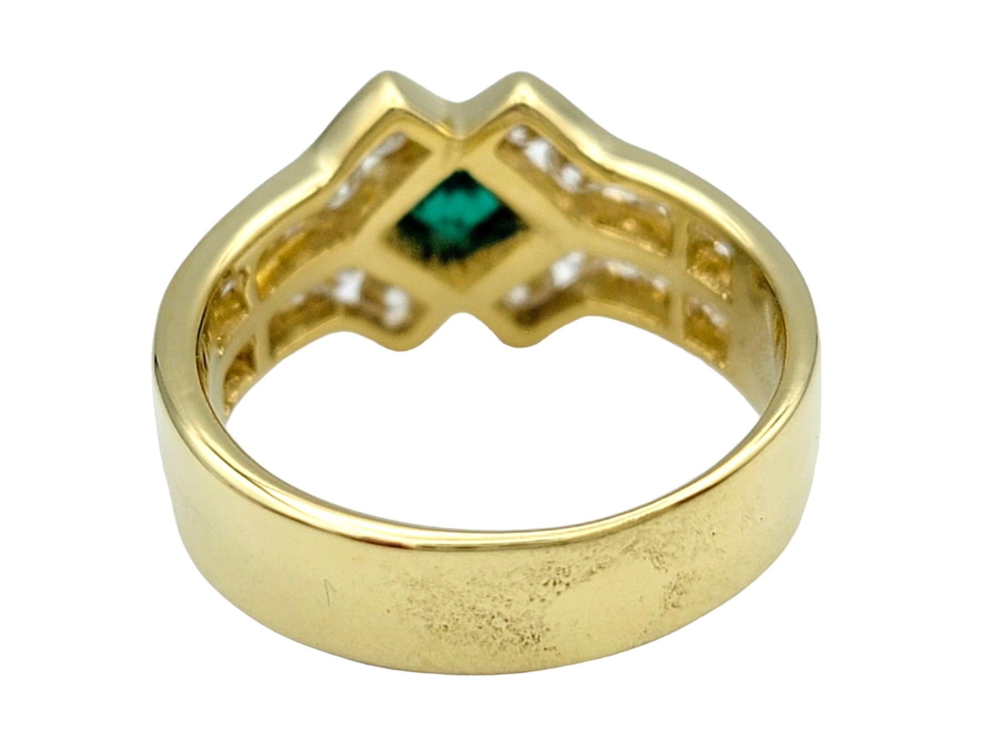 Princess Cut Emerald and Round Diamond Multi Row Band Ring in 18 Karat Gold In Good Condition For Sale In Scottsdale, AZ