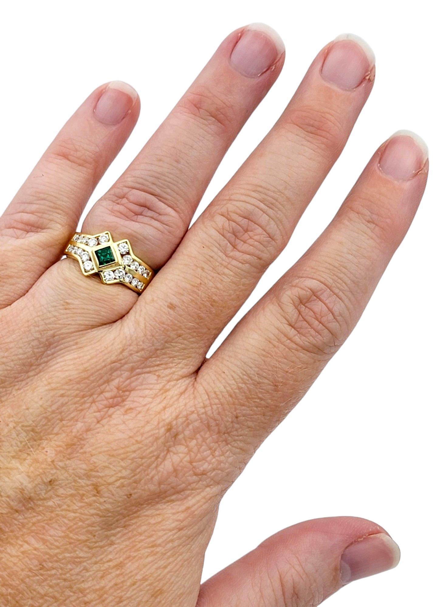 Princess Cut Emerald and Round Diamond Multi Row Band Ring in 18 Karat Gold For Sale 2