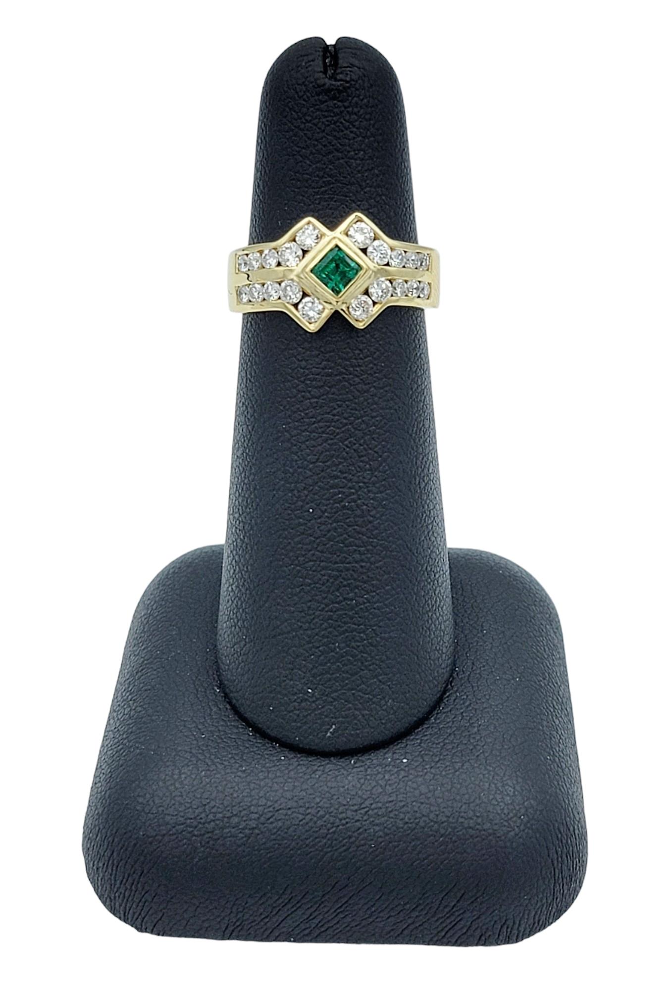 Princess Cut Emerald and Round Diamond Multi Row Band Ring in 18 Karat Gold For Sale 3