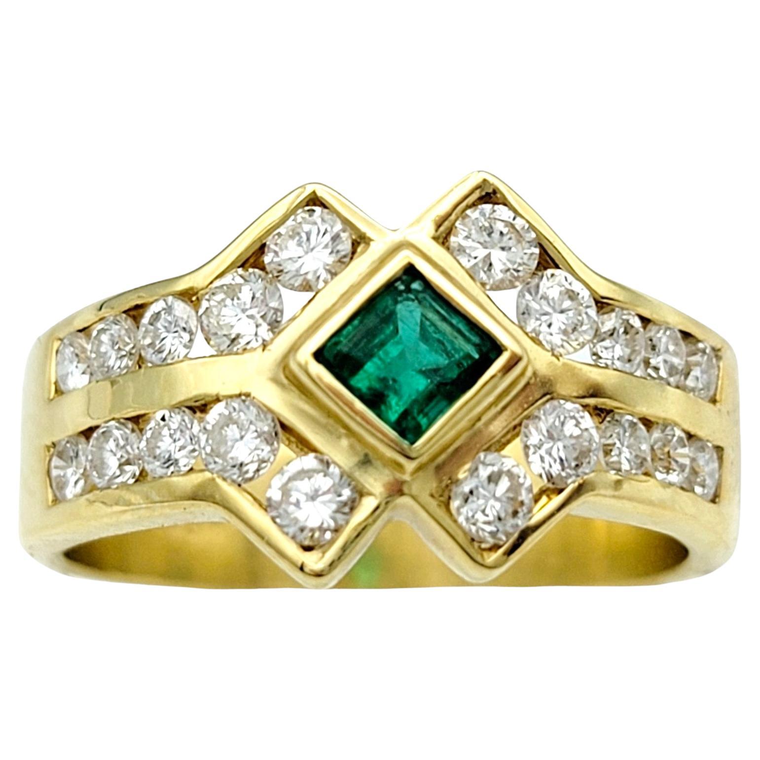 Princess Cut Emerald and Round Diamond Multi Row Band Ring in 18 Karat Gold For Sale