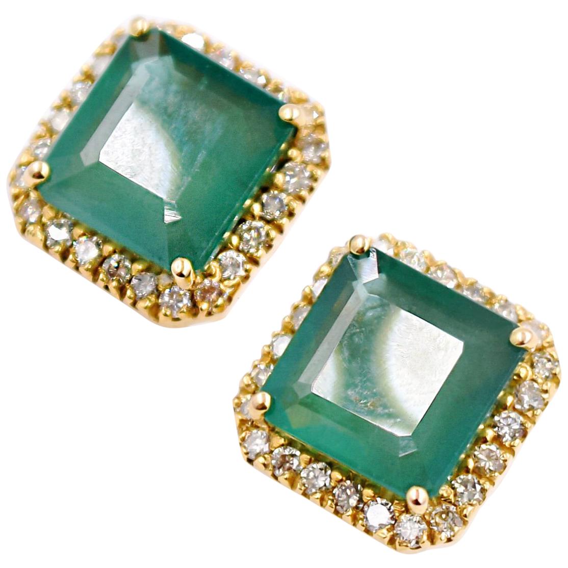 Princess Cut Emerald and White Diamond Earring Studs in 18 Karat Yellow Gold For Sale
