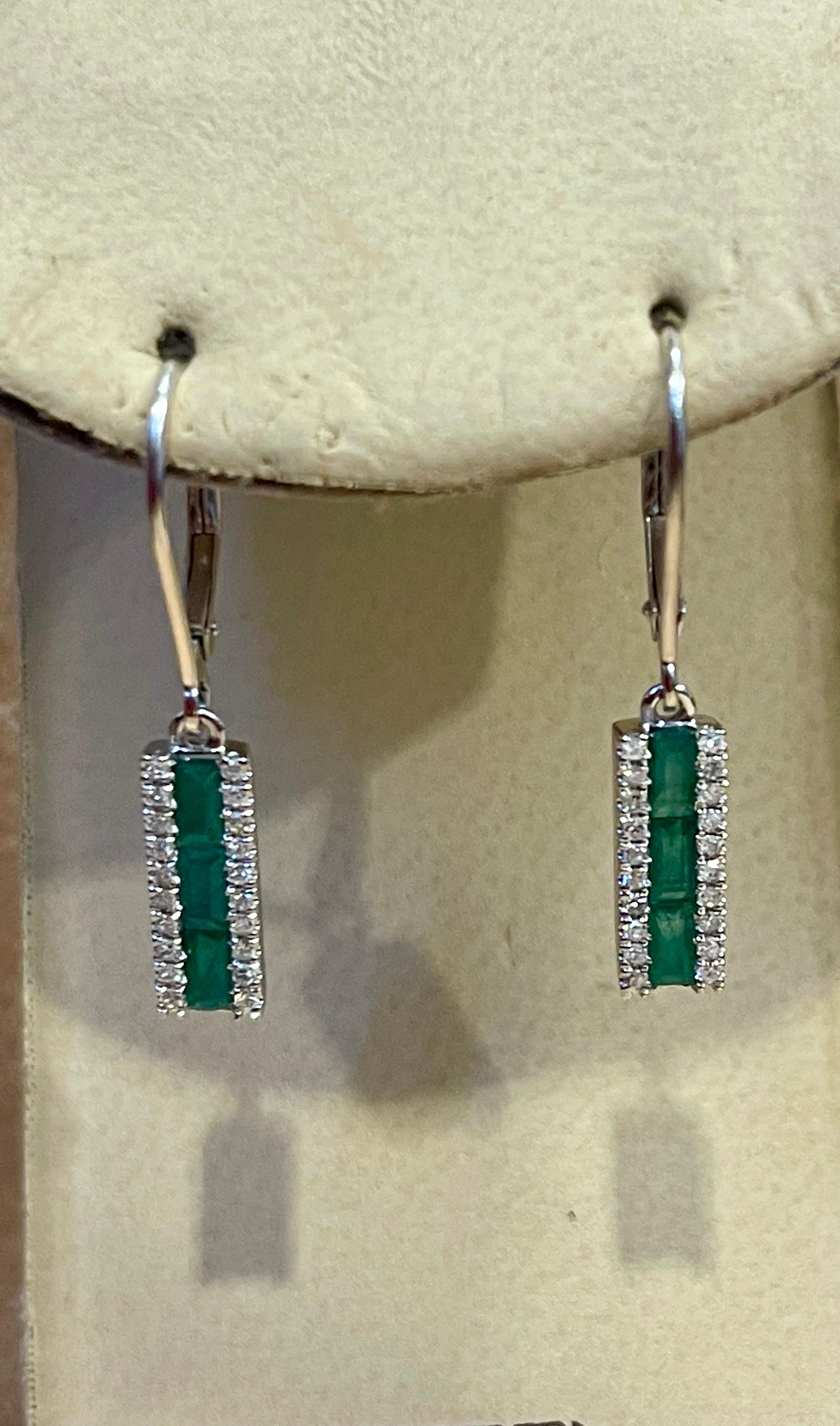Women's Princess Cut Emerald & Diamond 14 Kt White Gold Dangling Earring For Sale
