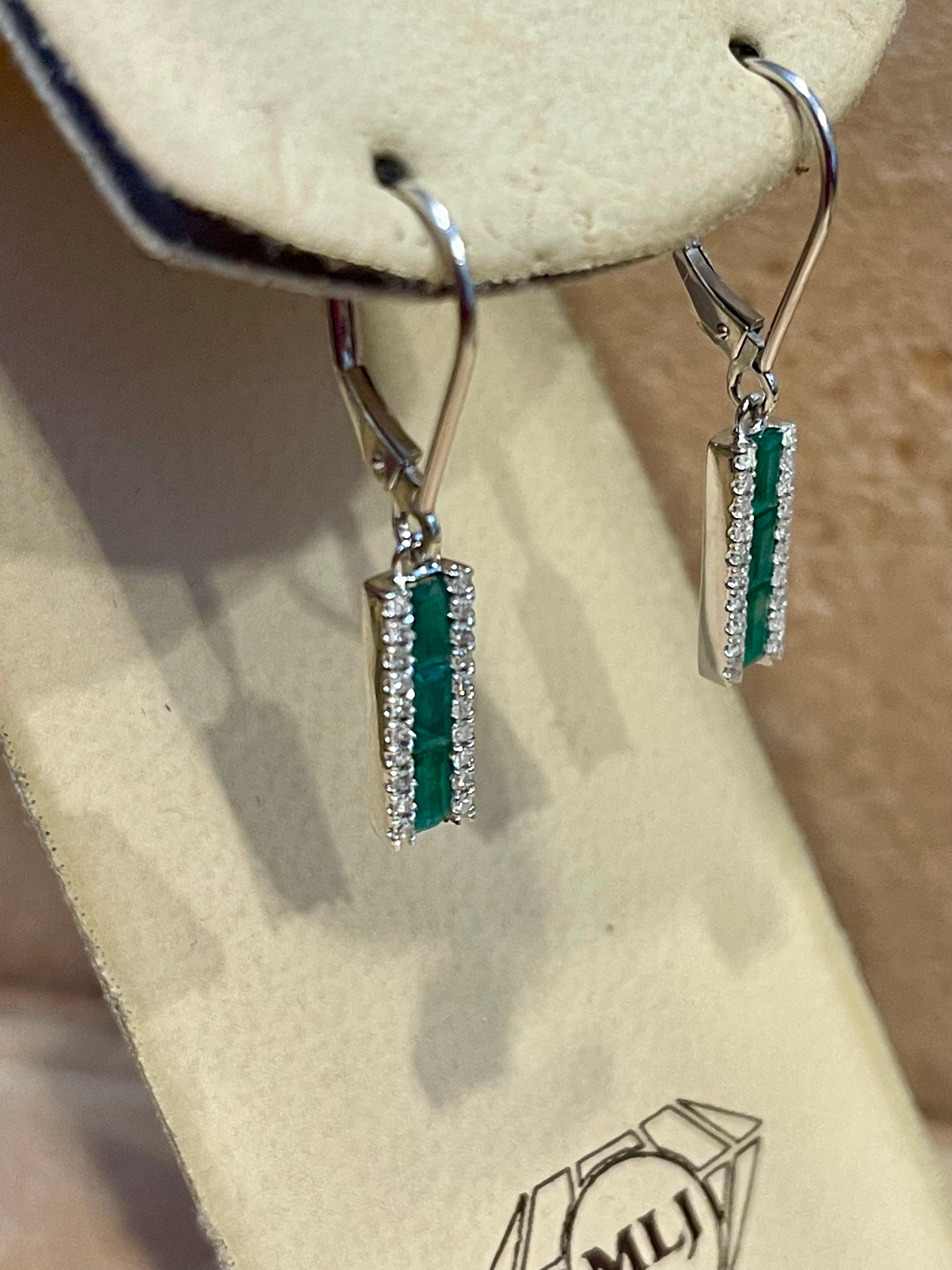 Princess Cut Emerald & Diamond 14 Kt White Gold Dangling Earring For Sale 1