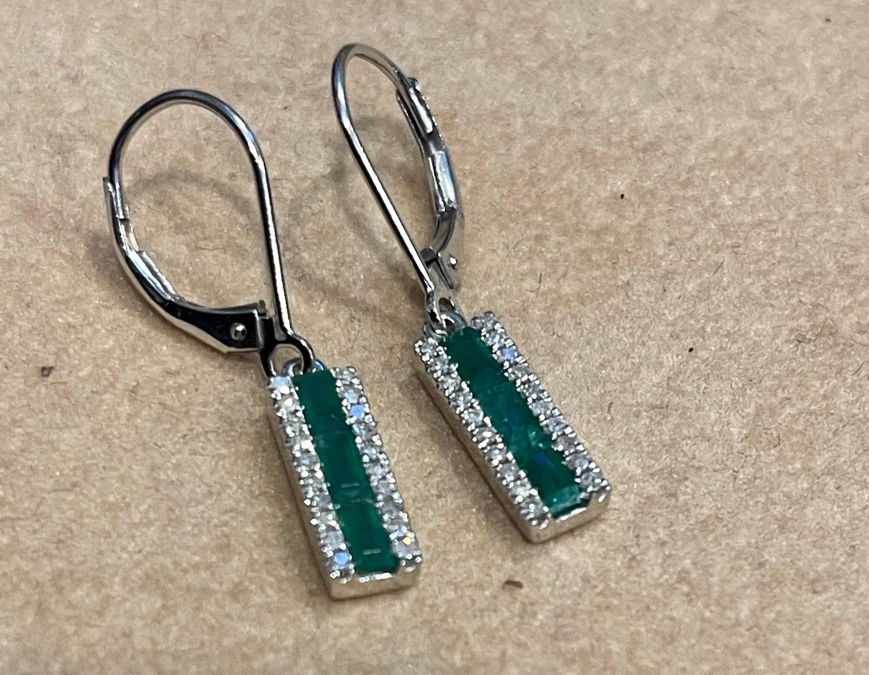 Princess Cut Emerald & Diamond 14 Kt White Gold Dangling Earring For Sale 3