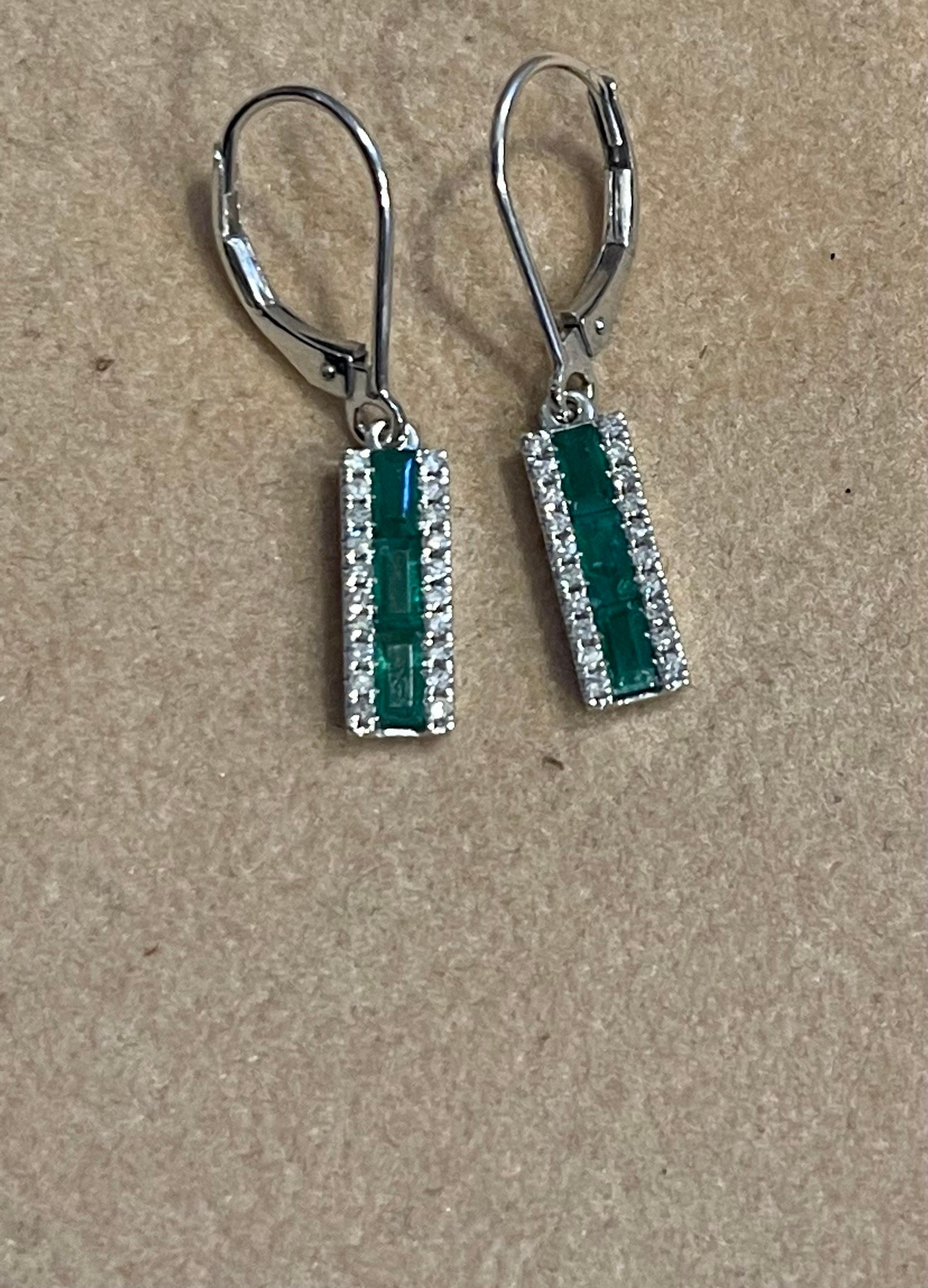 Princess Cut Emerald & Diamond 14 Kt White Gold Dangling Earring 4