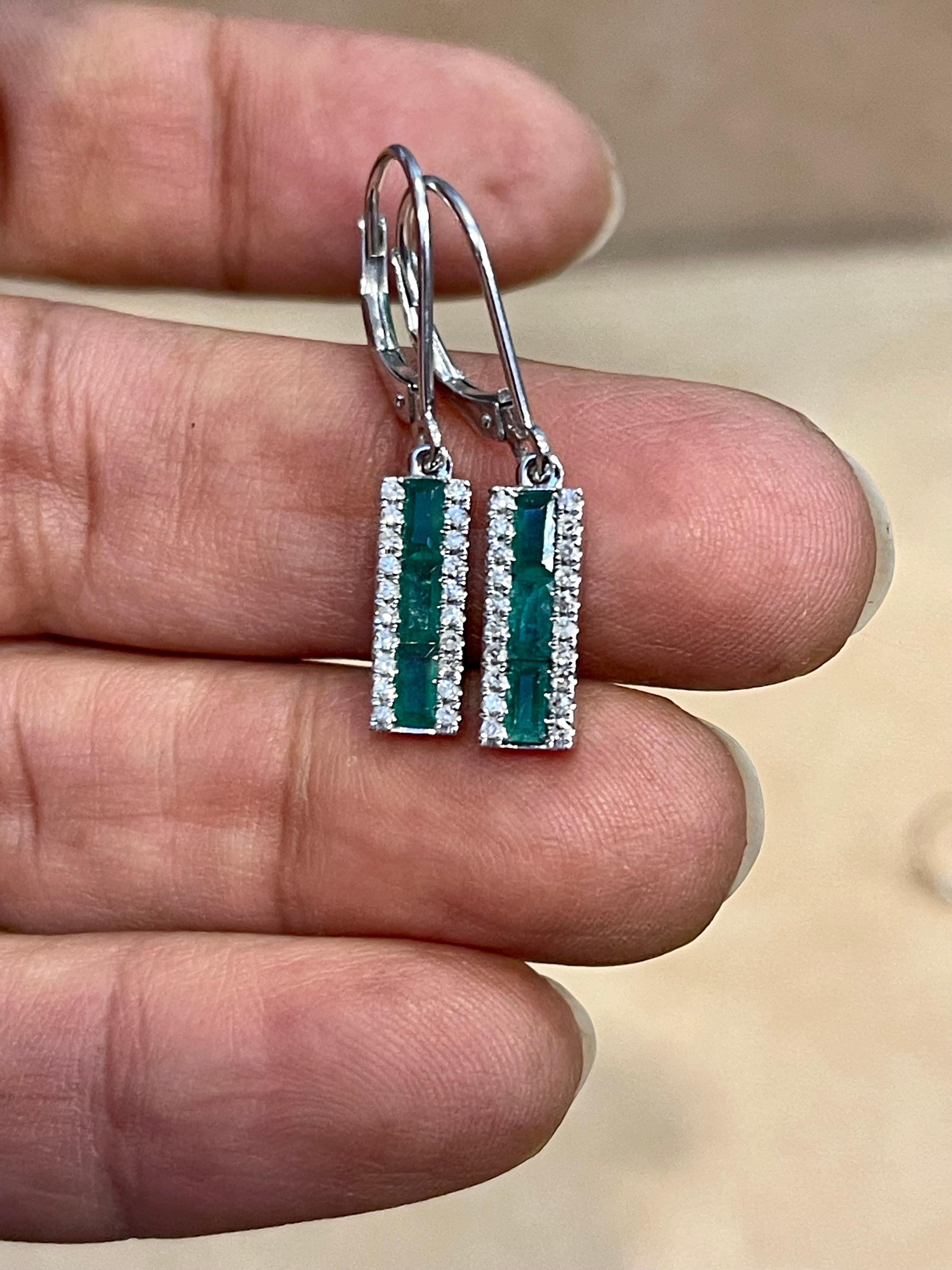 Princess Cut Emerald & Diamond 14 Kt White Gold Dangling Earring 6