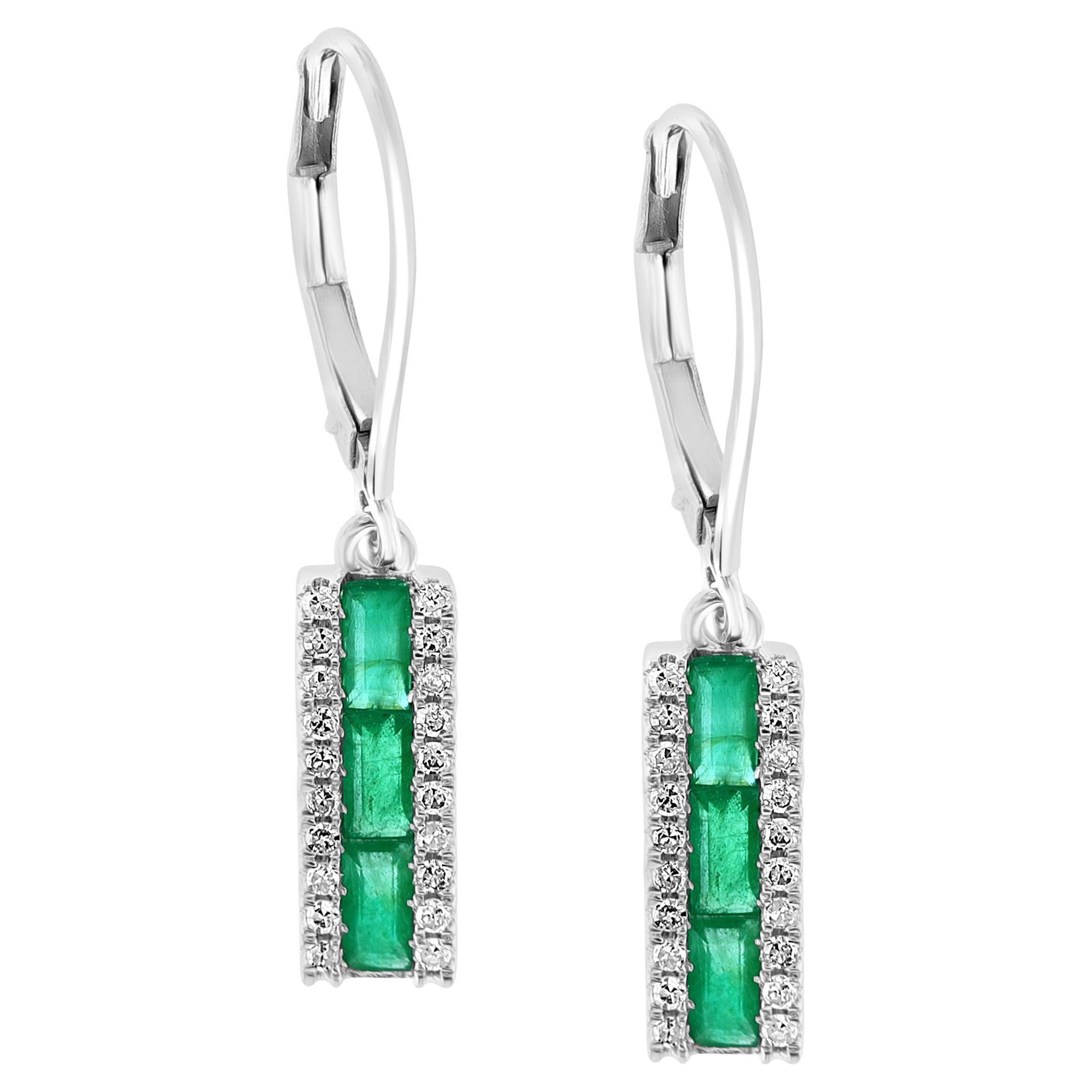 Princess Cut Emerald & Diamond 14 Kt White Gold Dangling Earring For Sale