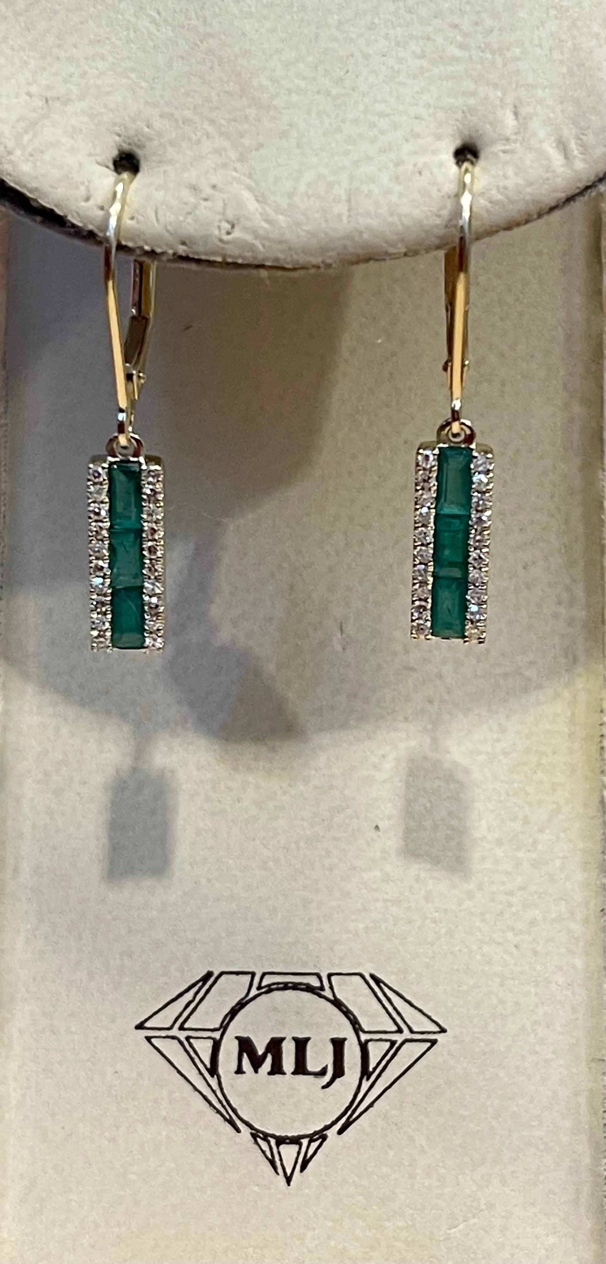 Princess Cut Emerald & Diamond 14 Kt Yellow Gold Dangling Earring For Sale 5