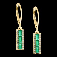 Princess Cut Emerald & Diamond 14 Kt Yellow Gold Dangling Earring