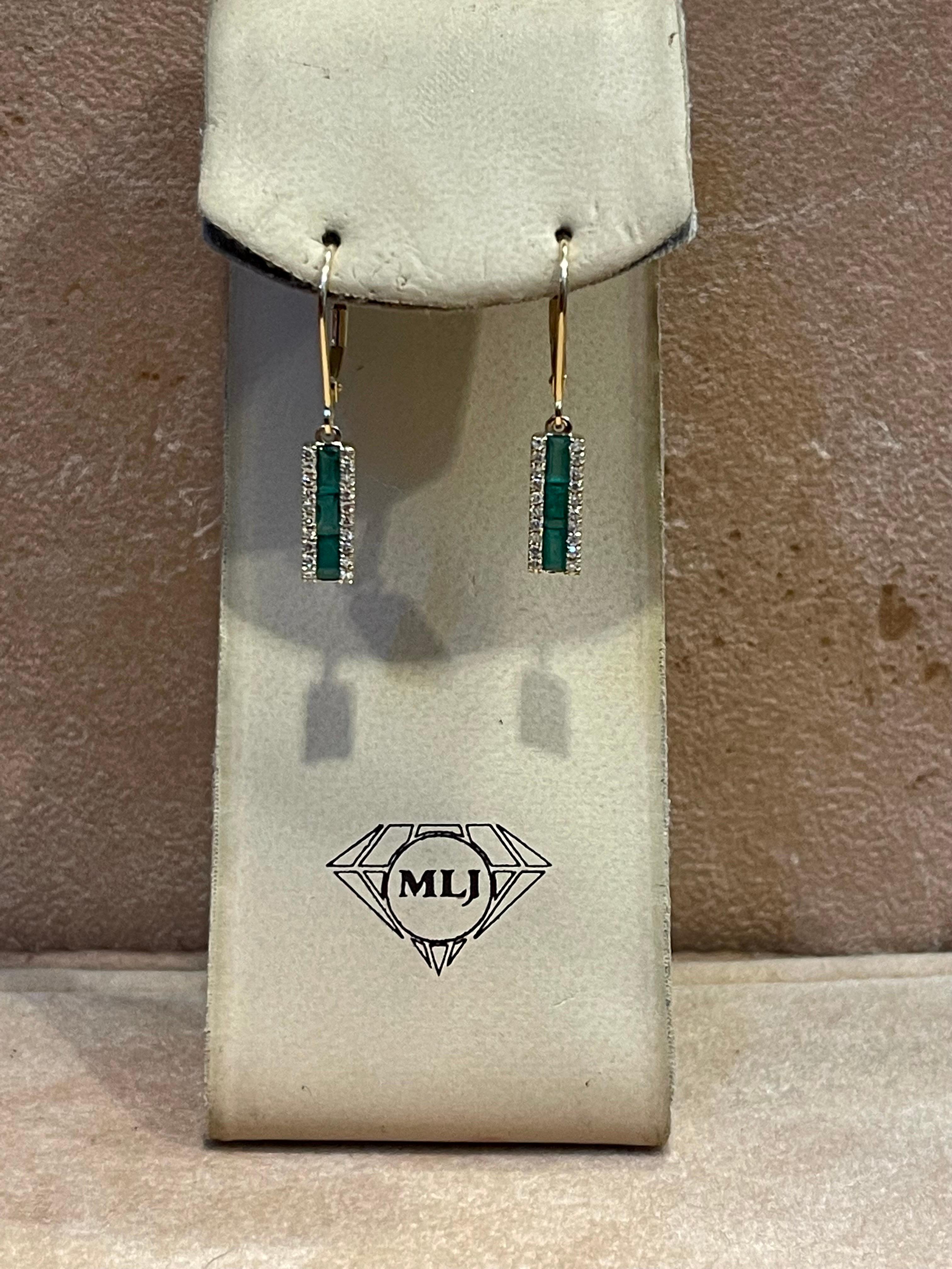 Princess Cut Emerald & Diamond 14 Kt Yellow Gold Dangling Earring For Sale 4