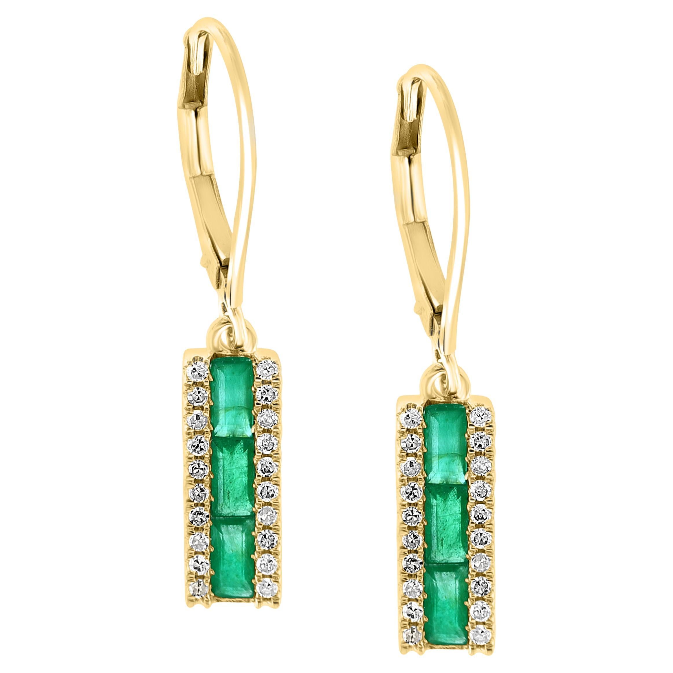 Princess Cut Emerald & Diamond 14 Kt Yellow Gold Dangling Earring For Sale