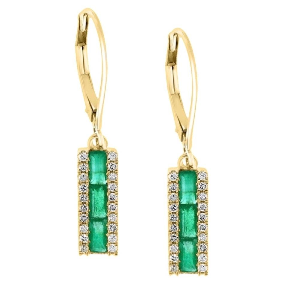 Emerald 1.5ct & Diamond 0.35ct Dangle Earrings in 14K Yellow Gold