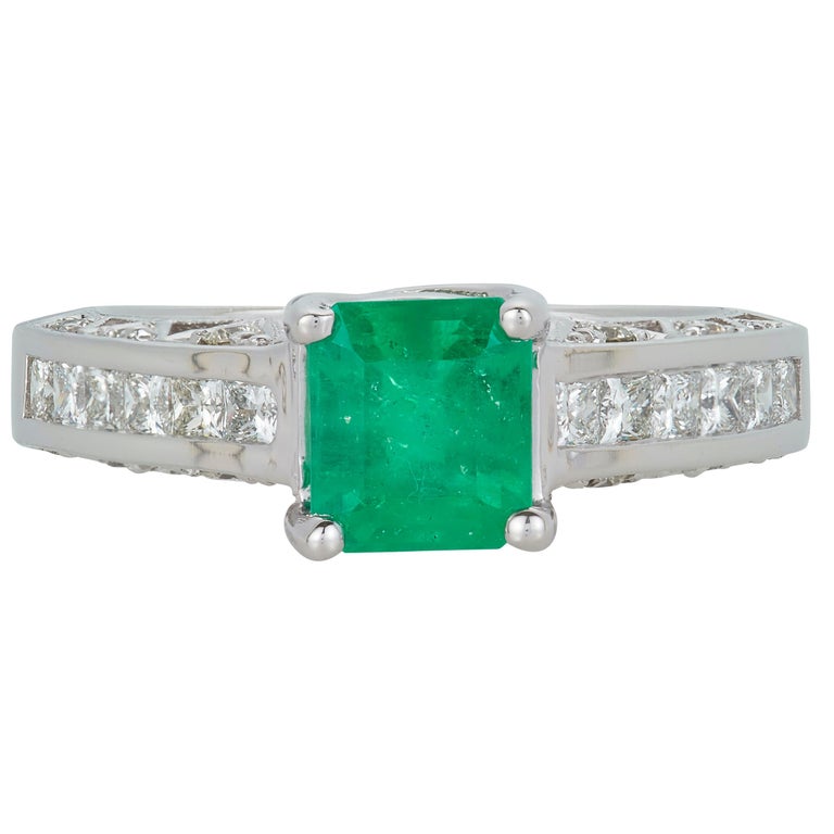 Princess Cut Emerald Diamond Detail Band Engagement Ring 14 Karat White