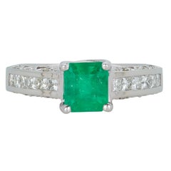 Princess Cut Emerald Diamond Detail Band Engagement Ring 14 Karat White Gold