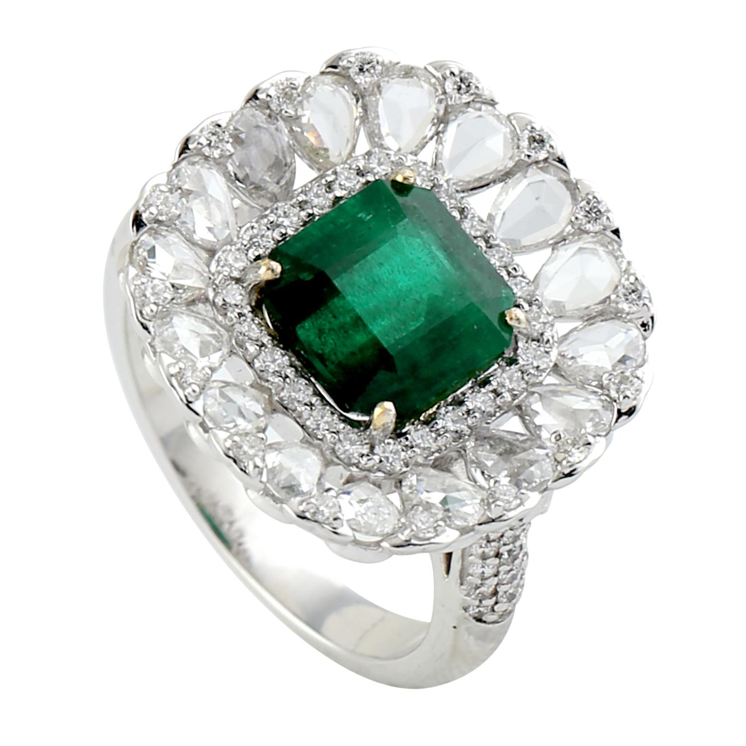 Art Deco Princess Cut Emerald Ring with Diamonds Around in 18K White Gold