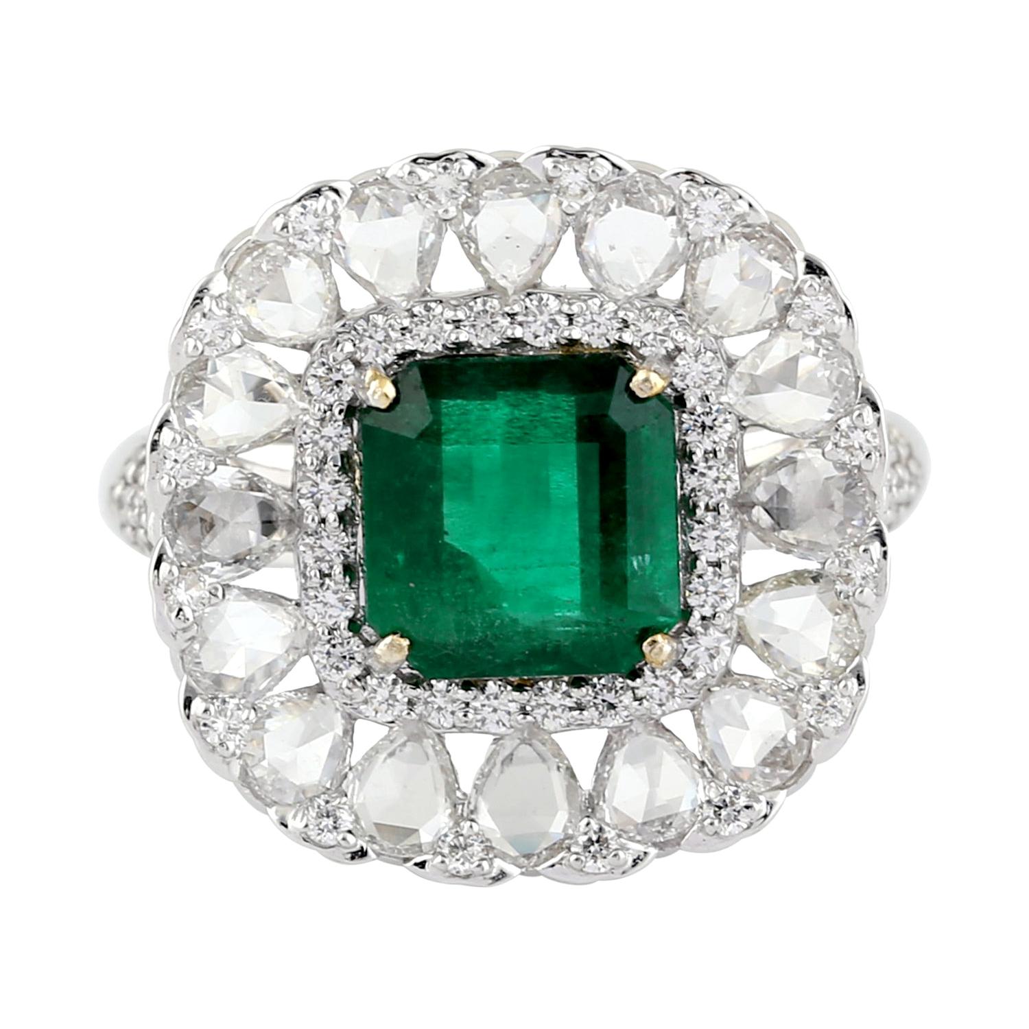 Princess Cut Emerald Ring with Diamonds Around in 18K White Gold
