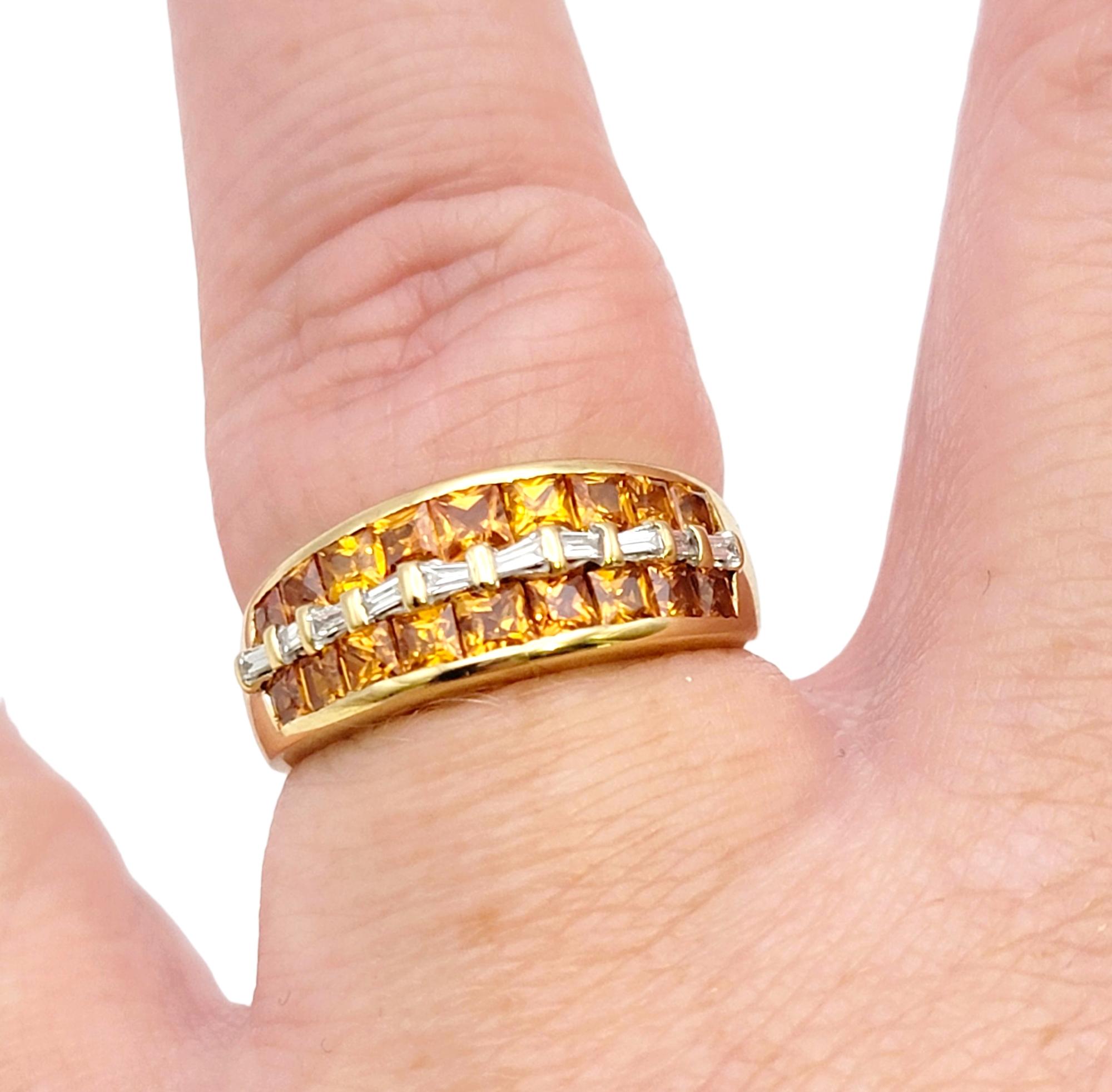 Princess Cut Garnet and Baguette Diamond Multi Row Band Ring in 18 Karat Gold For Sale 7