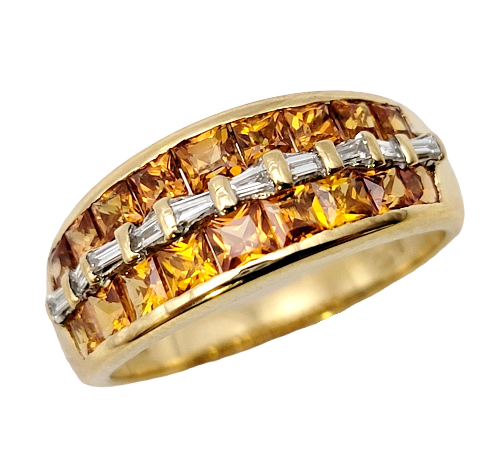 Ring size: 6

Make a bold statement with this captivating multi-row garnet and diamond band ring, exquisitely crafted in 18 karat yellow gold. The vibrant reddish-orange hues of the garnets combined with the sparkling diamonds create a mesmerizing