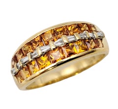 Princess Cut Garnet and Baguette Diamond Multi Row Band Ring in 18 Karat Gold