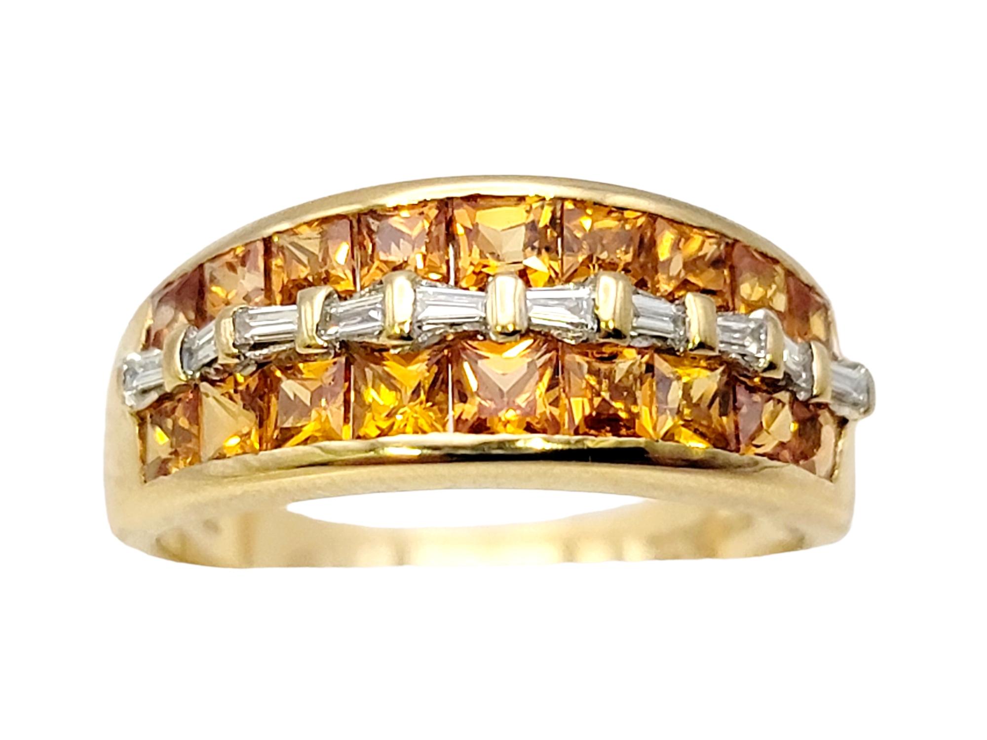 Contemporary Princess Cut Garnet and Baguette Diamond Multi Row Band Ring in 18 Karat Gold For Sale