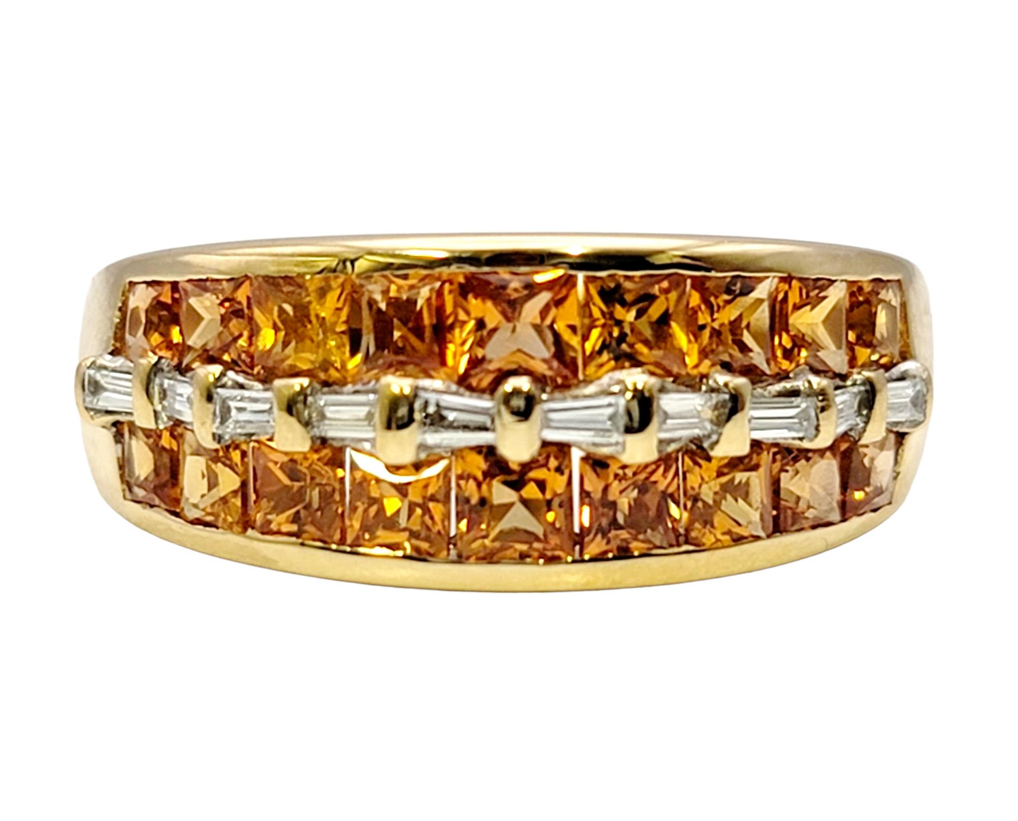 Round Cut Princess Cut Garnet and Baguette Diamond Multi Row Band Ring in 18 Karat Gold For Sale