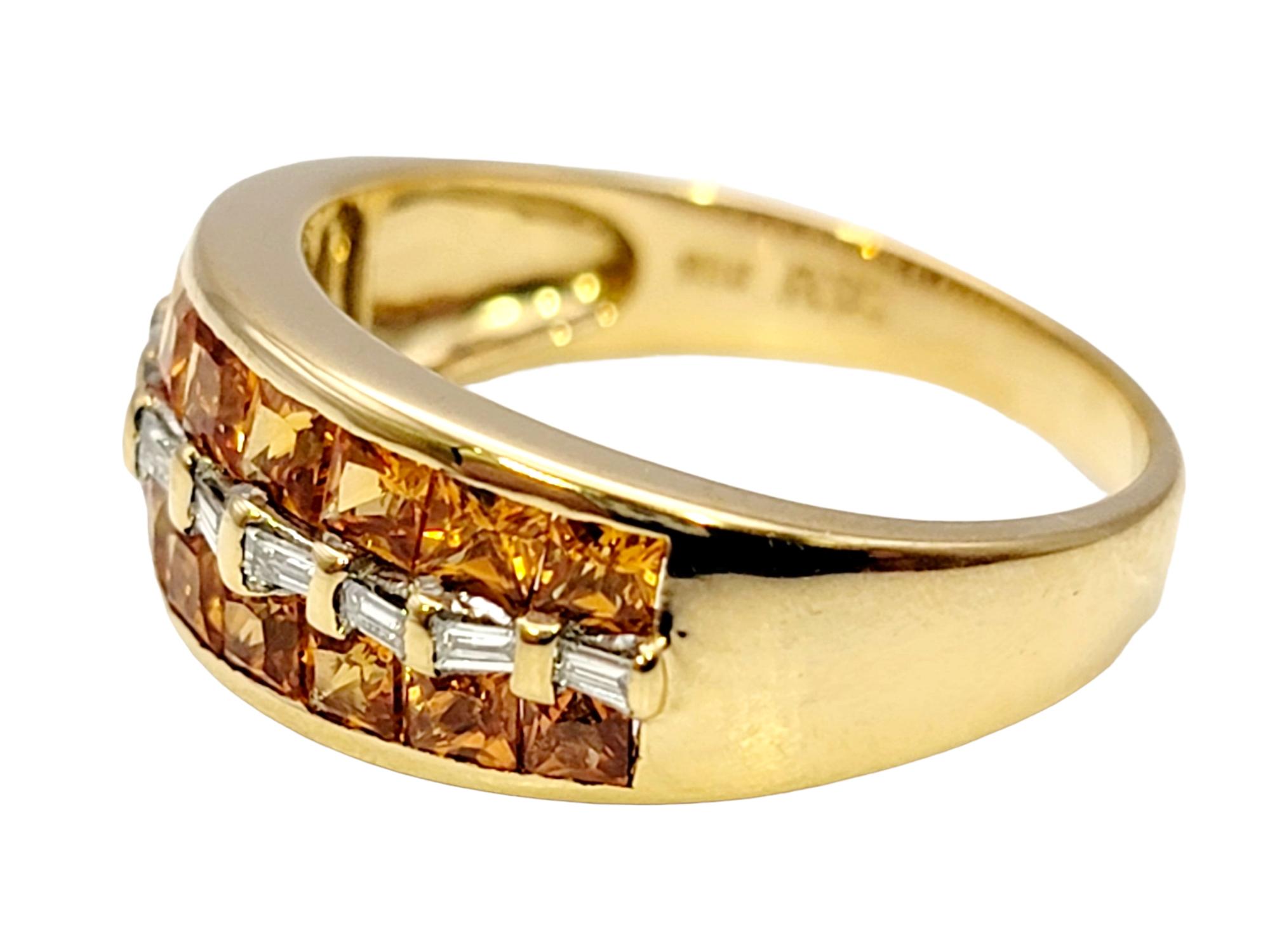 Women's Princess Cut Garnet and Baguette Diamond Multi Row Band Ring in 18 Karat Gold For Sale