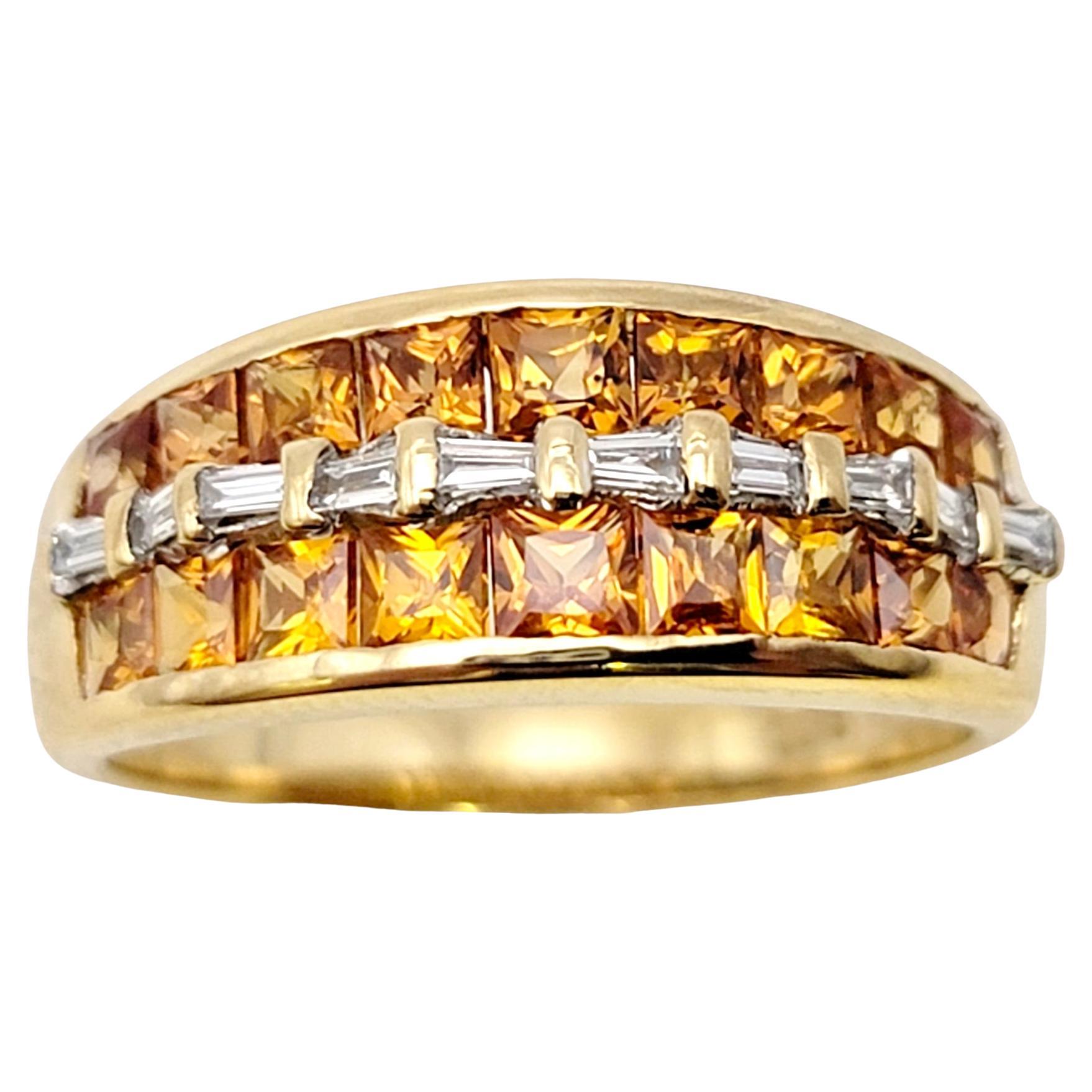 Princess Cut Garnet and Baguette Diamond Multi Row Band Ring in 18 Karat Gold For Sale