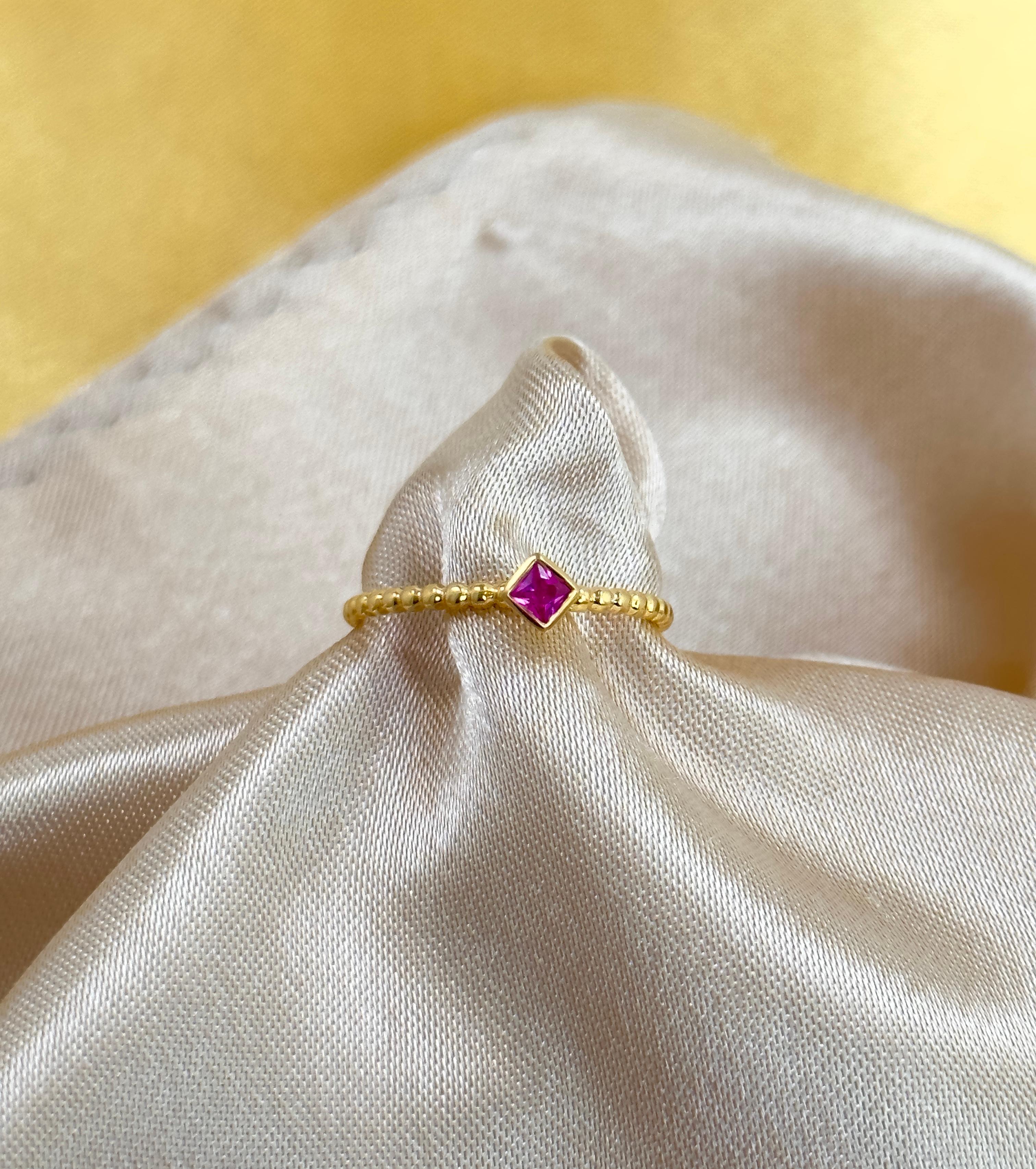 Modern Princess Cut Gemstone Solitaire Rings, Bezel Set Dainty Gemstone Ring, 18k Gold For Sale