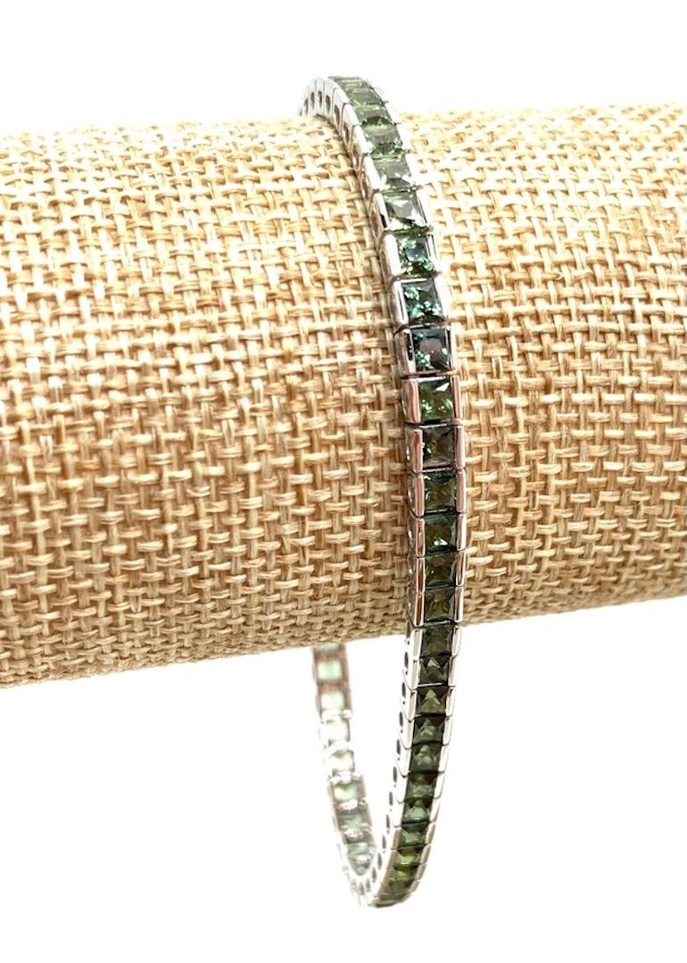 Artisan Princess Cut Green Sapphire and White Gold Tennis Bracelet, 8.75 Carat Total