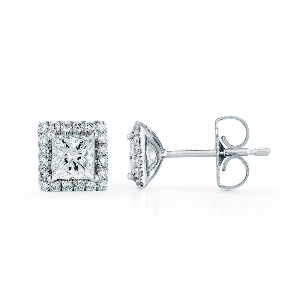 Princess Cut Halo Diamond Stud Earrings 0.95 Carat at 1stDibs