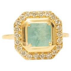 Princess Cut Halo Emerald Gemstone Diamond Ring in 14K Solid Gold (Certified)