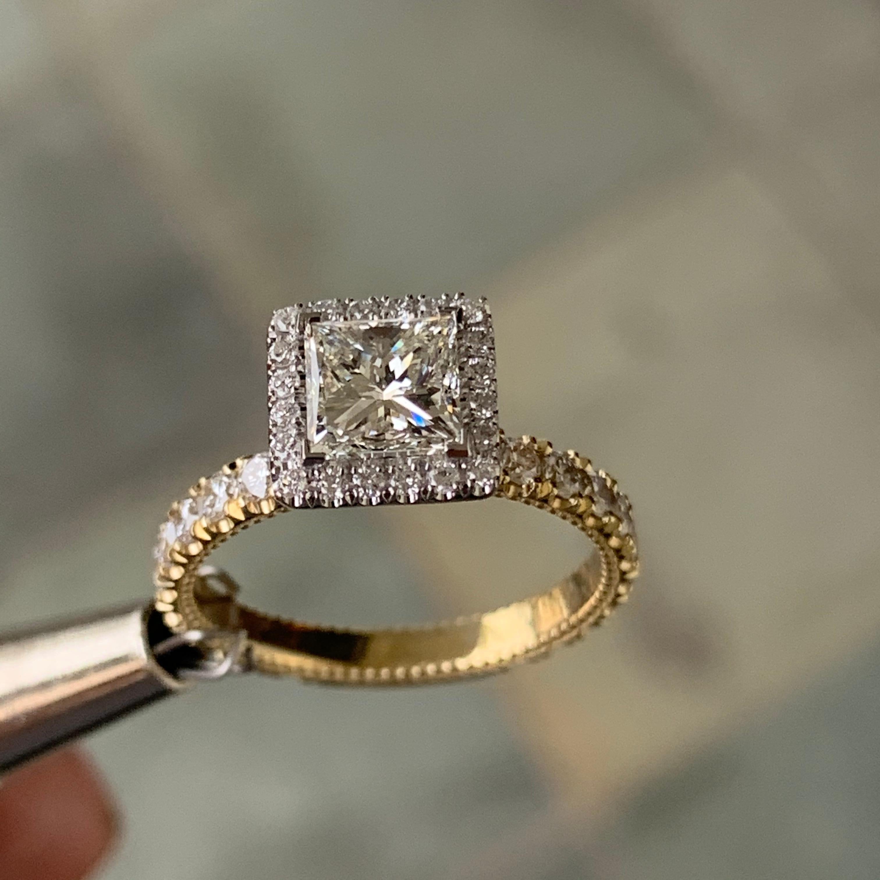 Princess Cut Halo Engagement Ring - 1.5 Carat Total Weight

Ring May have be made to order from scratch to accommodate your exact finger size 

or a different stone if the budget requires it, takes approximately 3-6 business weeks

Setting with no