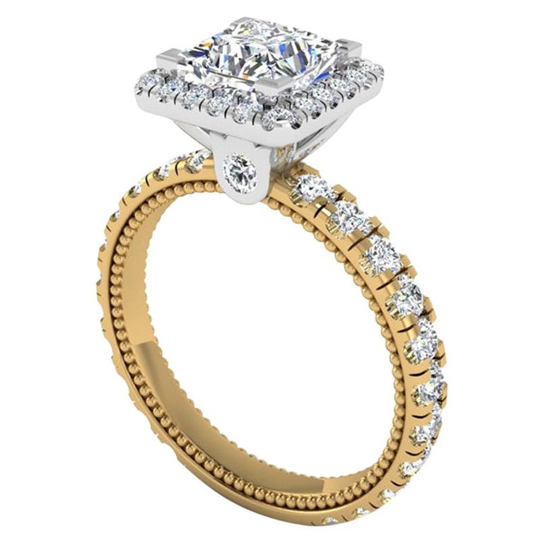 Princess Cut Halo Engagement Ring, 1.5 Carat Total Weight For Sale at