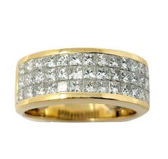 Three-Row Invisible Set Princess Cut Diamond Band Ring in 18 Karat Yellow Gold