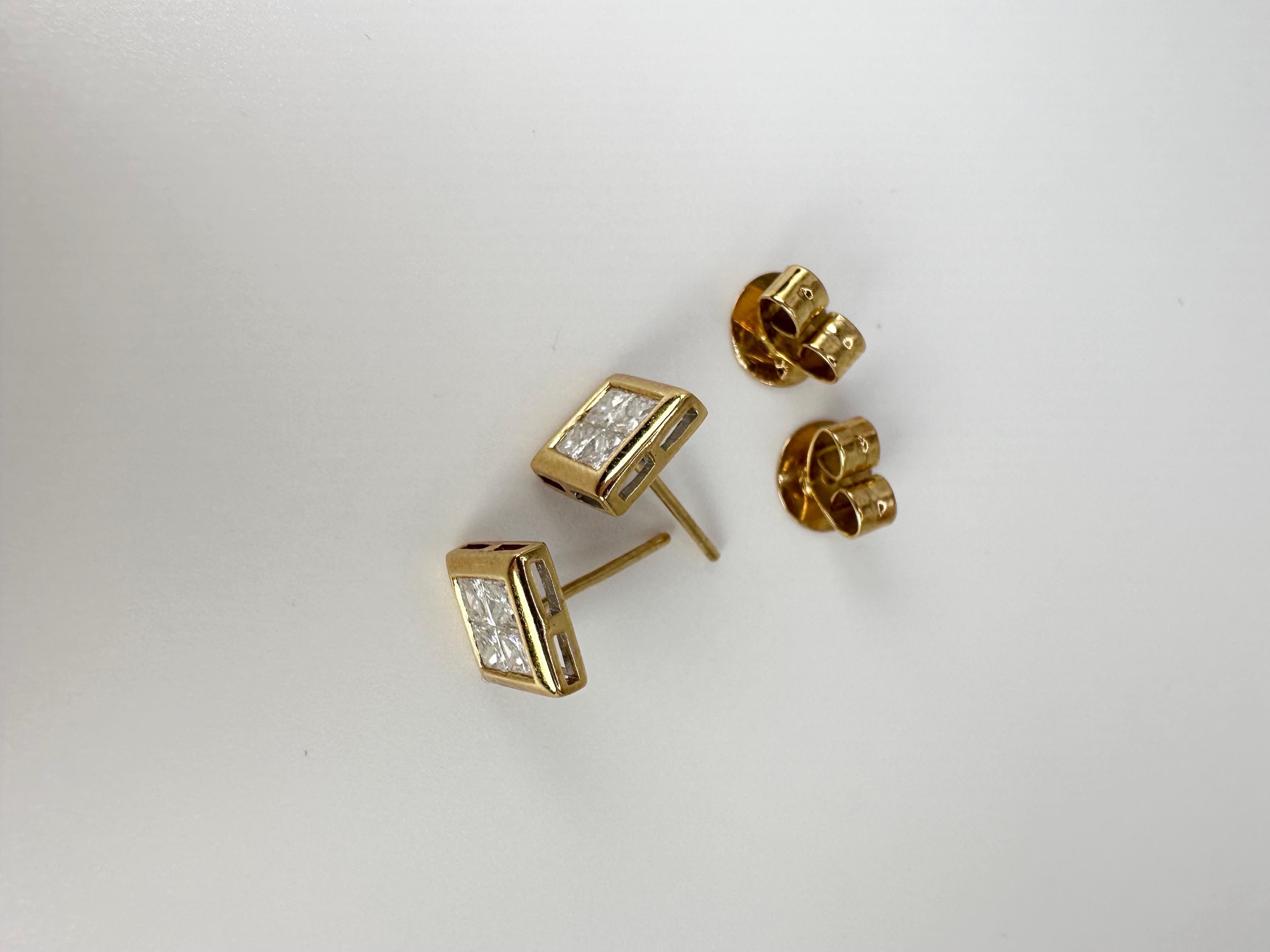 Princess Cut Invisibly Set Diamond Earrings 18 Karat Yellow Gold In New Condition For Sale In Jupiter, FL