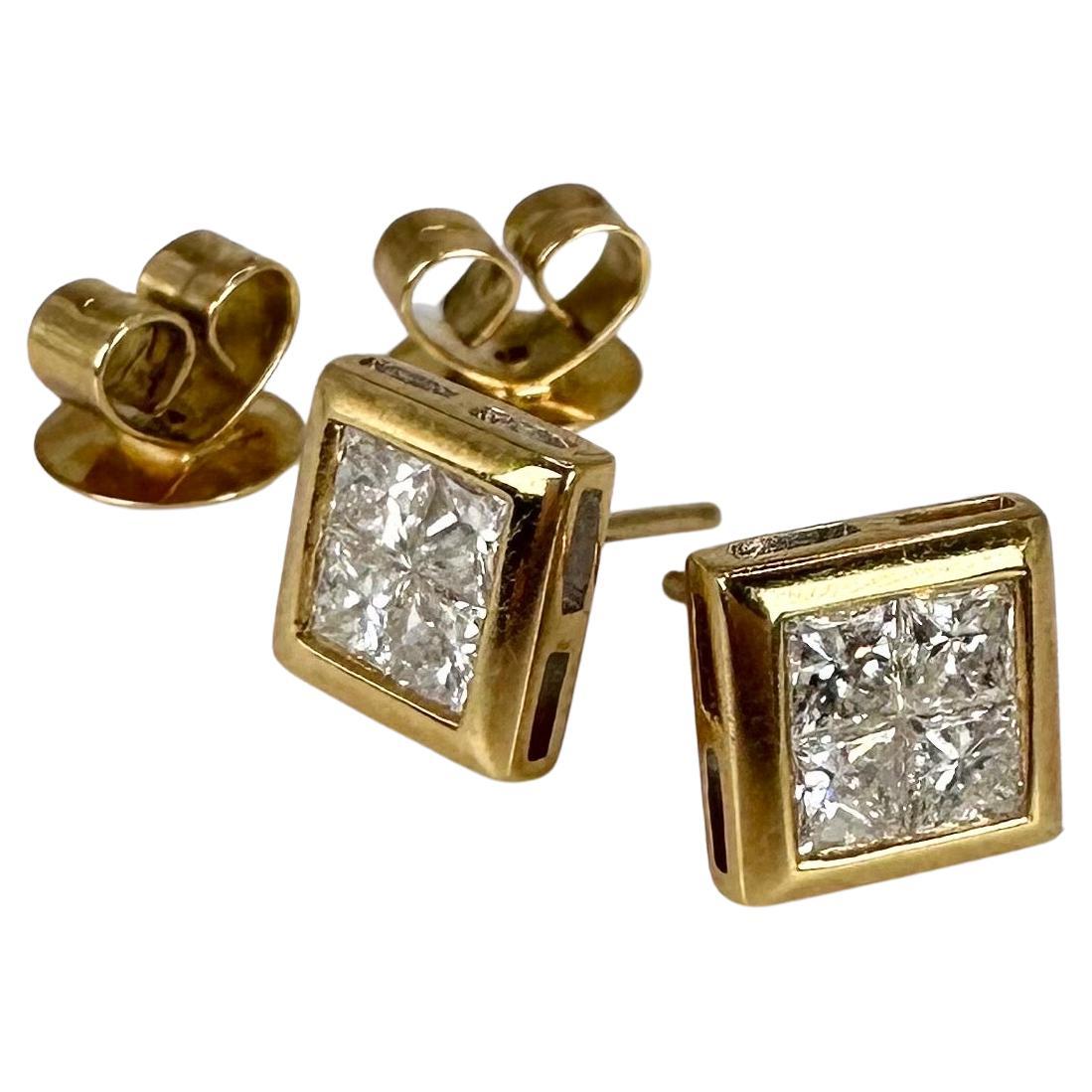 Princess Cut Invisibly Set Diamond Earrings 18 Karat Yellow Gold For Sale