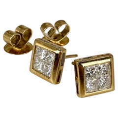 Princess Cut Invisibly Set Diamond Earrings 18 Karat Yellow Gold