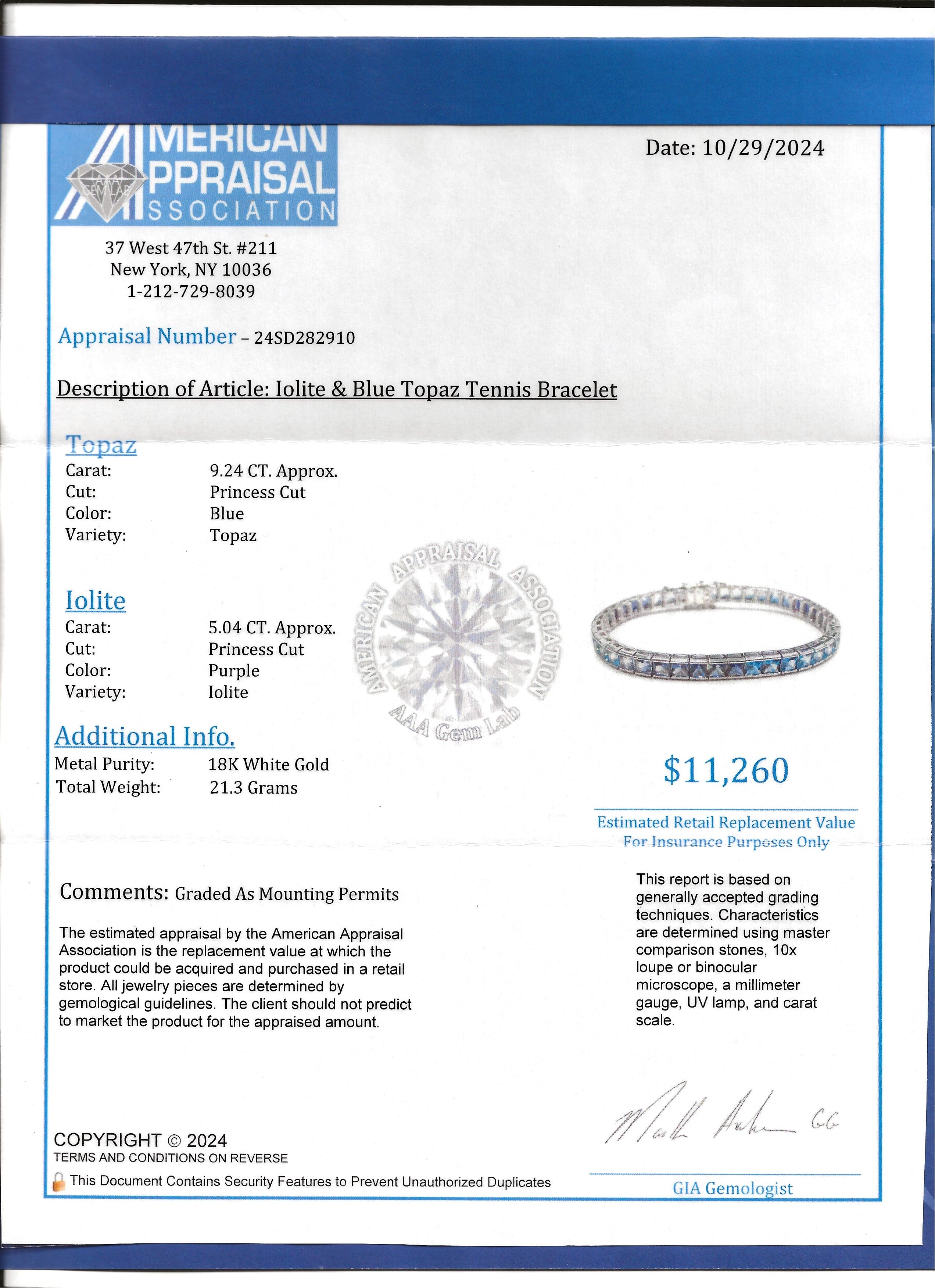 Princess Cut Iolite and Blue Topaz Ombre Tennis Bracelet in 18 Karat White Gold For Sale 6