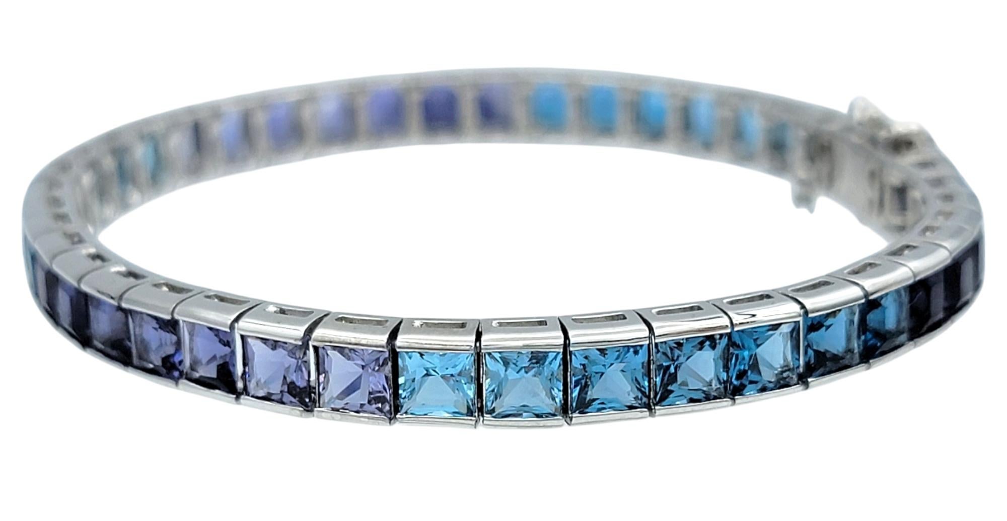 Princess Cut Iolite and Blue Topaz Ombre Tennis Bracelet in 18 Karat White Gold In Good Condition For Sale In Scottsdale, AZ