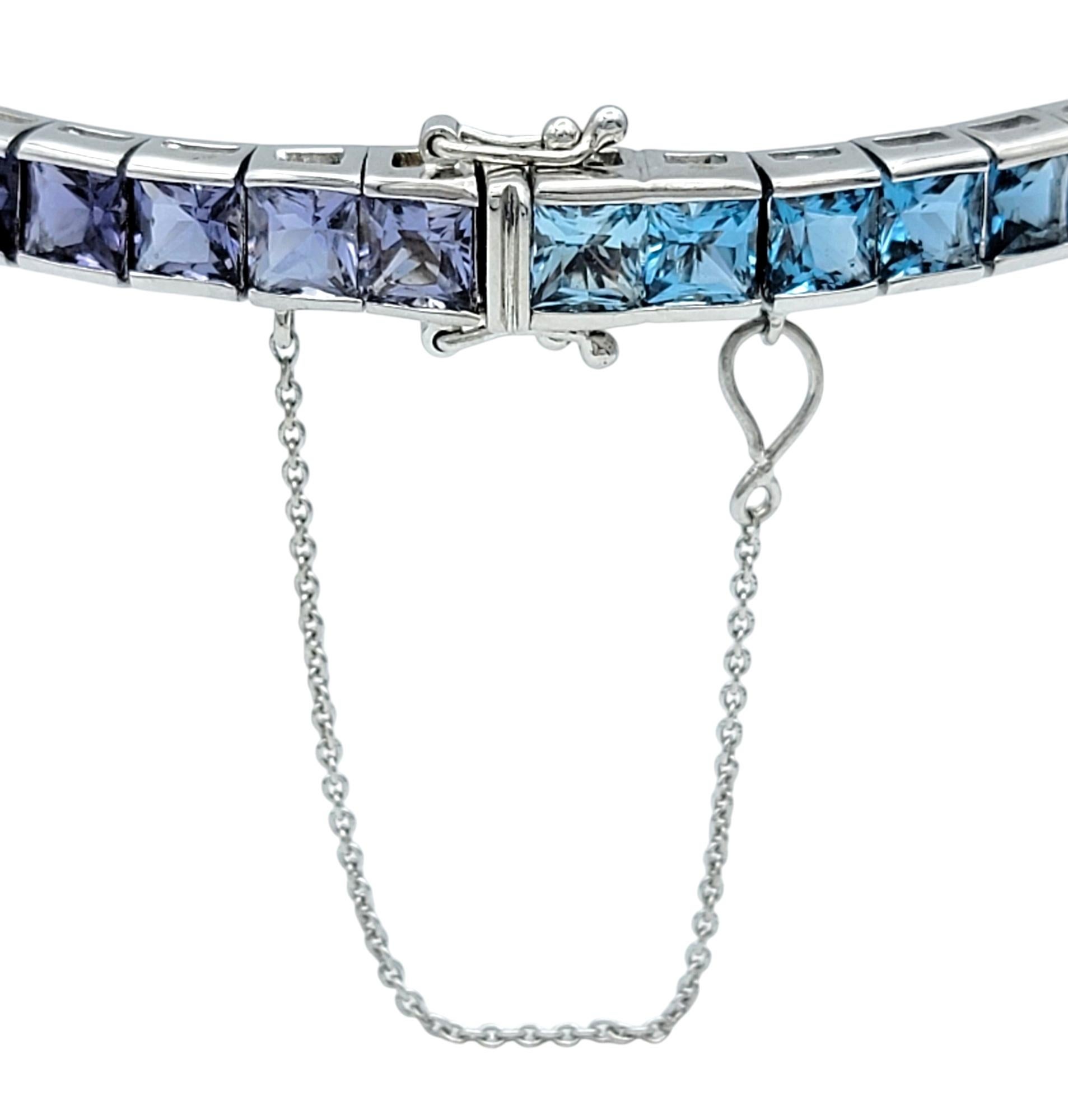 Princess Cut Iolite and Blue Topaz Ombre Tennis Bracelet in 18 Karat White Gold For Sale 1