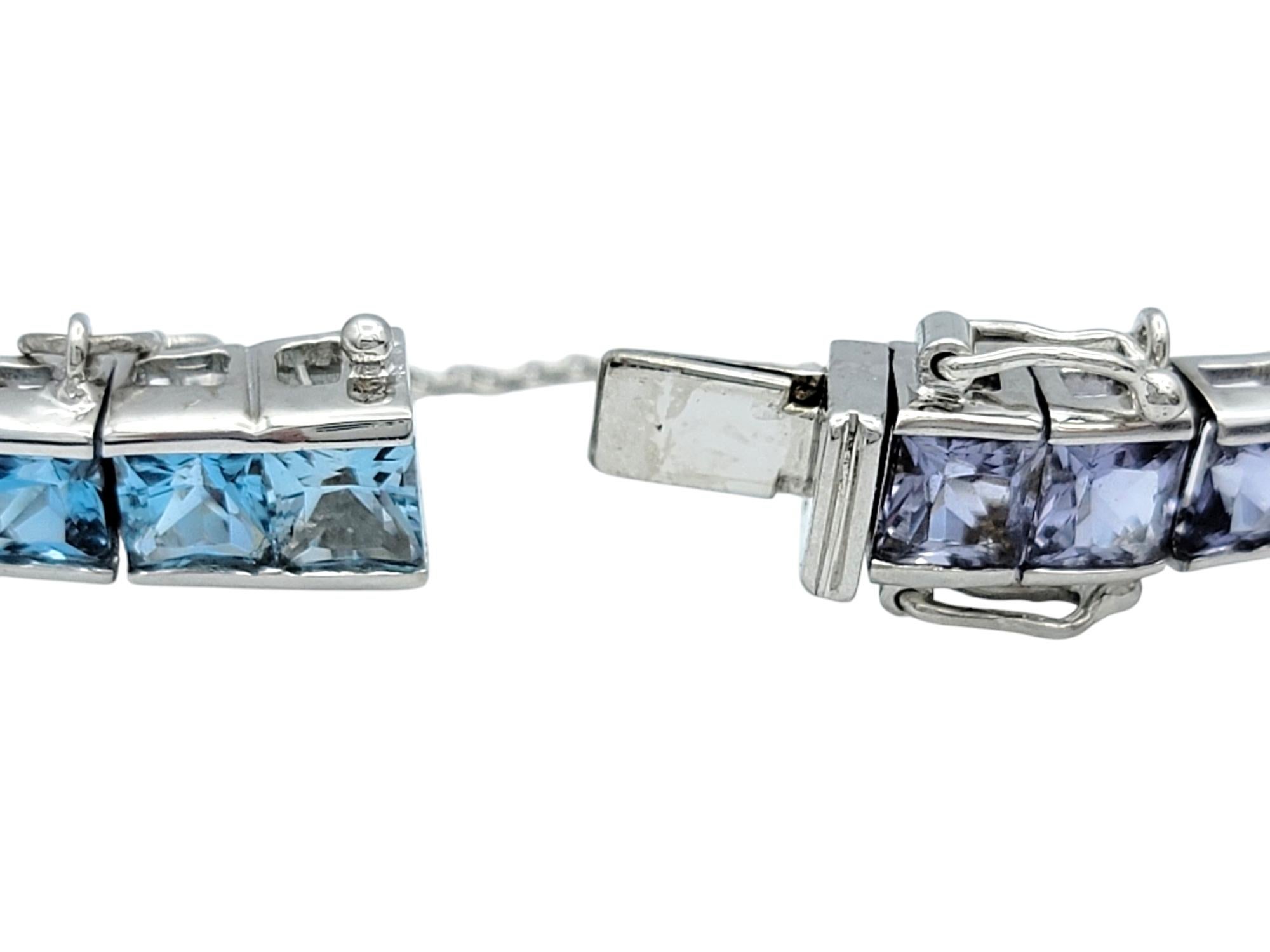 Princess Cut Iolite and Blue Topaz Ombre Tennis Bracelet in 18 Karat White Gold For Sale 2
