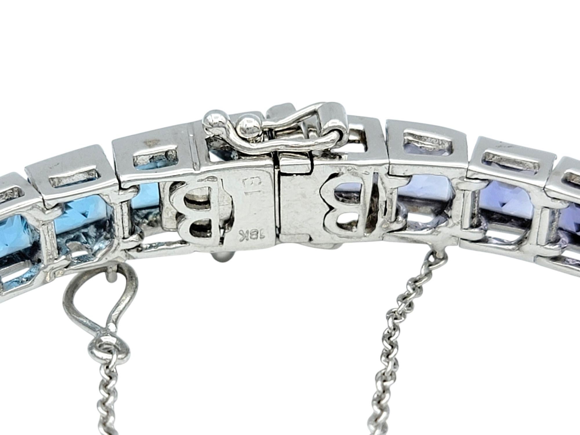 Princess Cut Iolite and Blue Topaz Ombre Tennis Bracelet in 18 Karat White Gold For Sale 3
