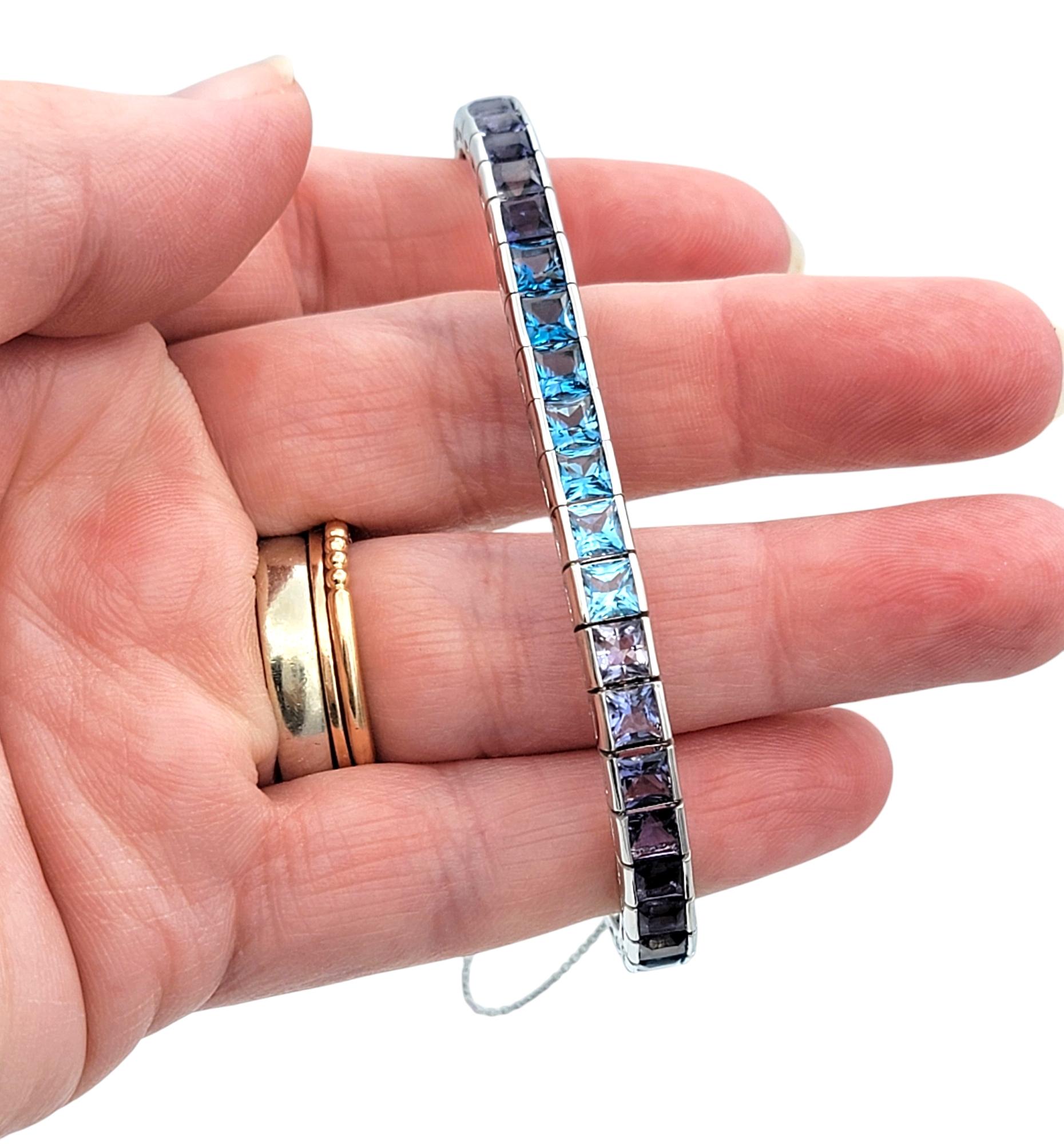 Princess Cut Iolite and Blue Topaz Ombre Tennis Bracelet in 18 Karat White Gold For Sale 4