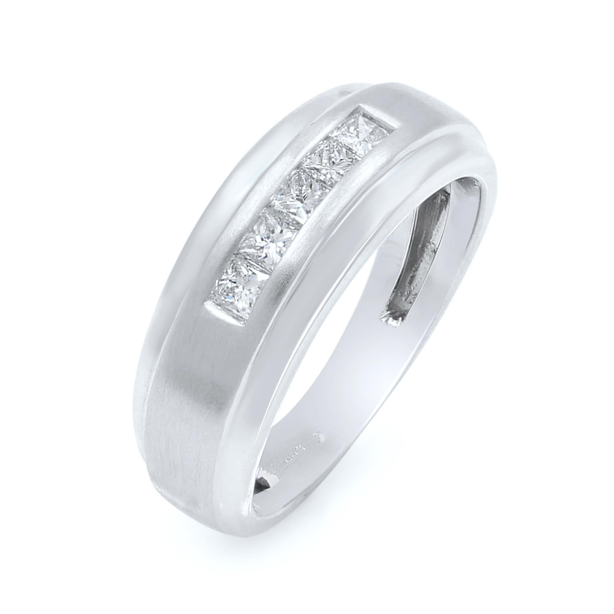 Men's diamond wedding band ring crafted in 10k white gold. The total carat weight of the ring is 0.40. The diamonds are channel set and are of H-I color and VS-SI clarity. Ring size is 10 (Can be resized). Top of the ring width: 8mm. Bottom shank