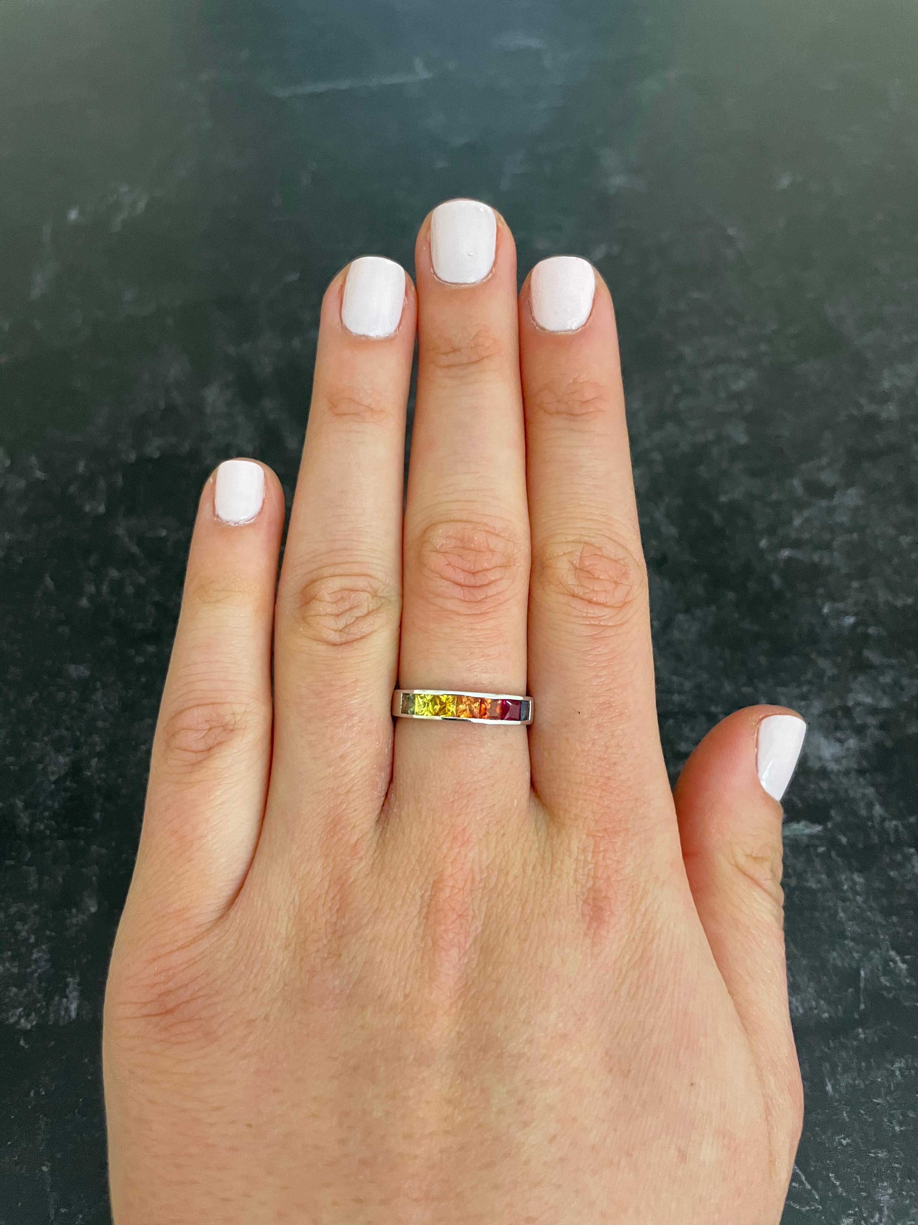 Women's Princess Cut Multi-Color Sapphire Rainbow 14 Karat White Gold Fashion Band Ring