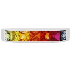 Princess Cut Multi-Color Sapphire Rainbow 14 Karat White Gold Fashion Band Ring